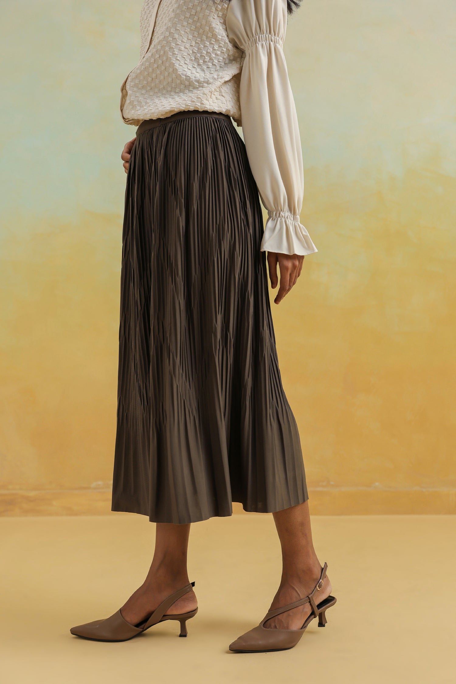 Brown Pleated Skirt in Crepe Silk
