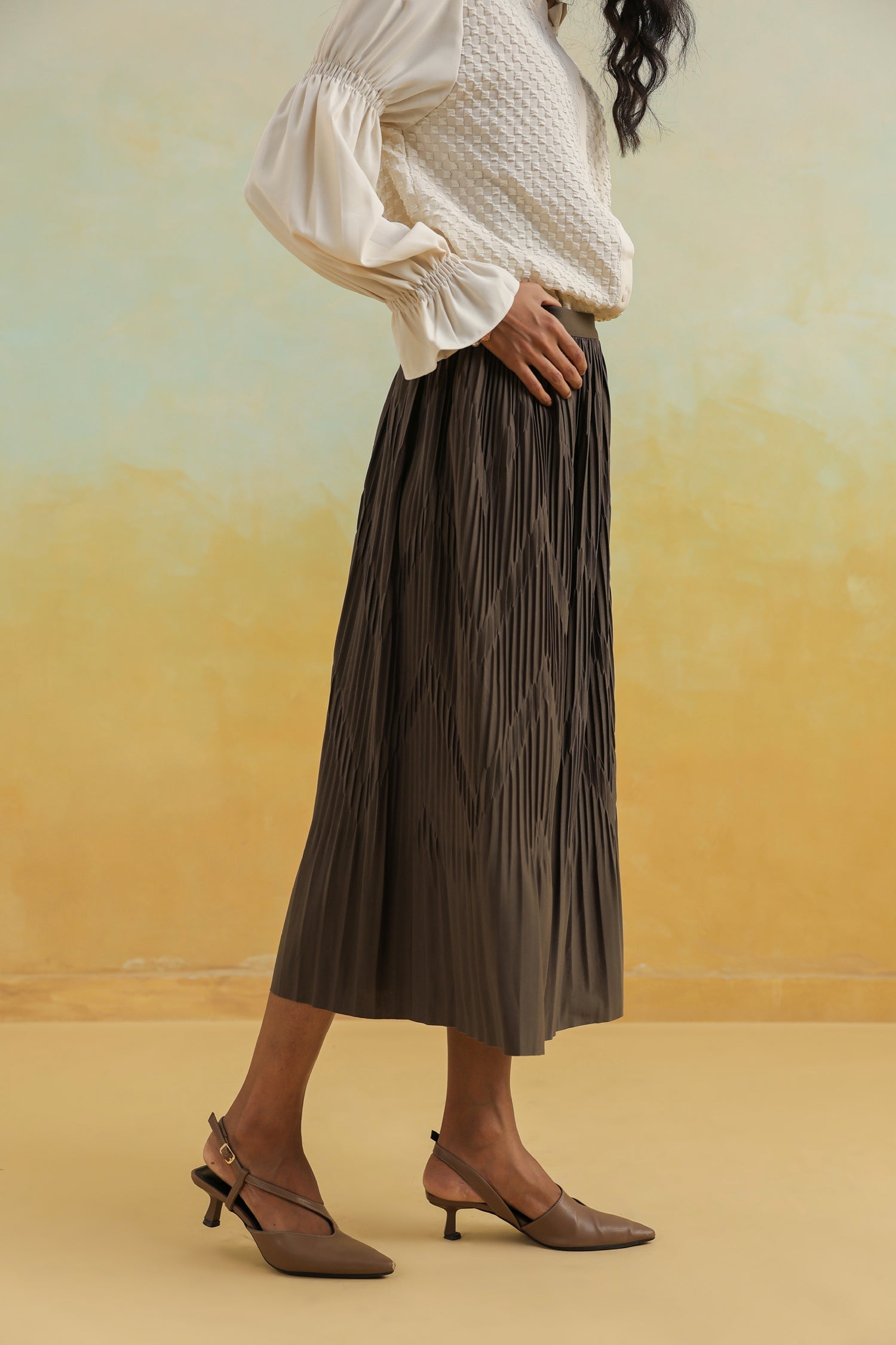 Brown Pleated Skirt in Crepe Silk