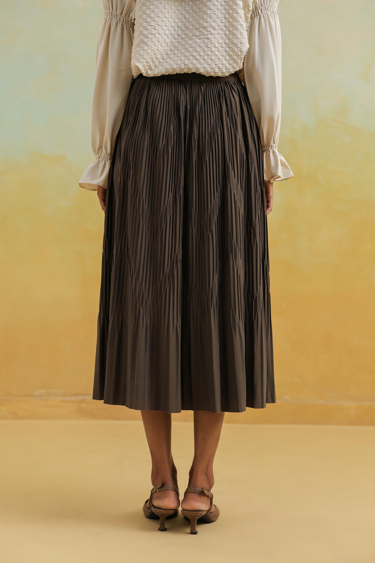 Brown Pleated Skirt in Crepe Silk