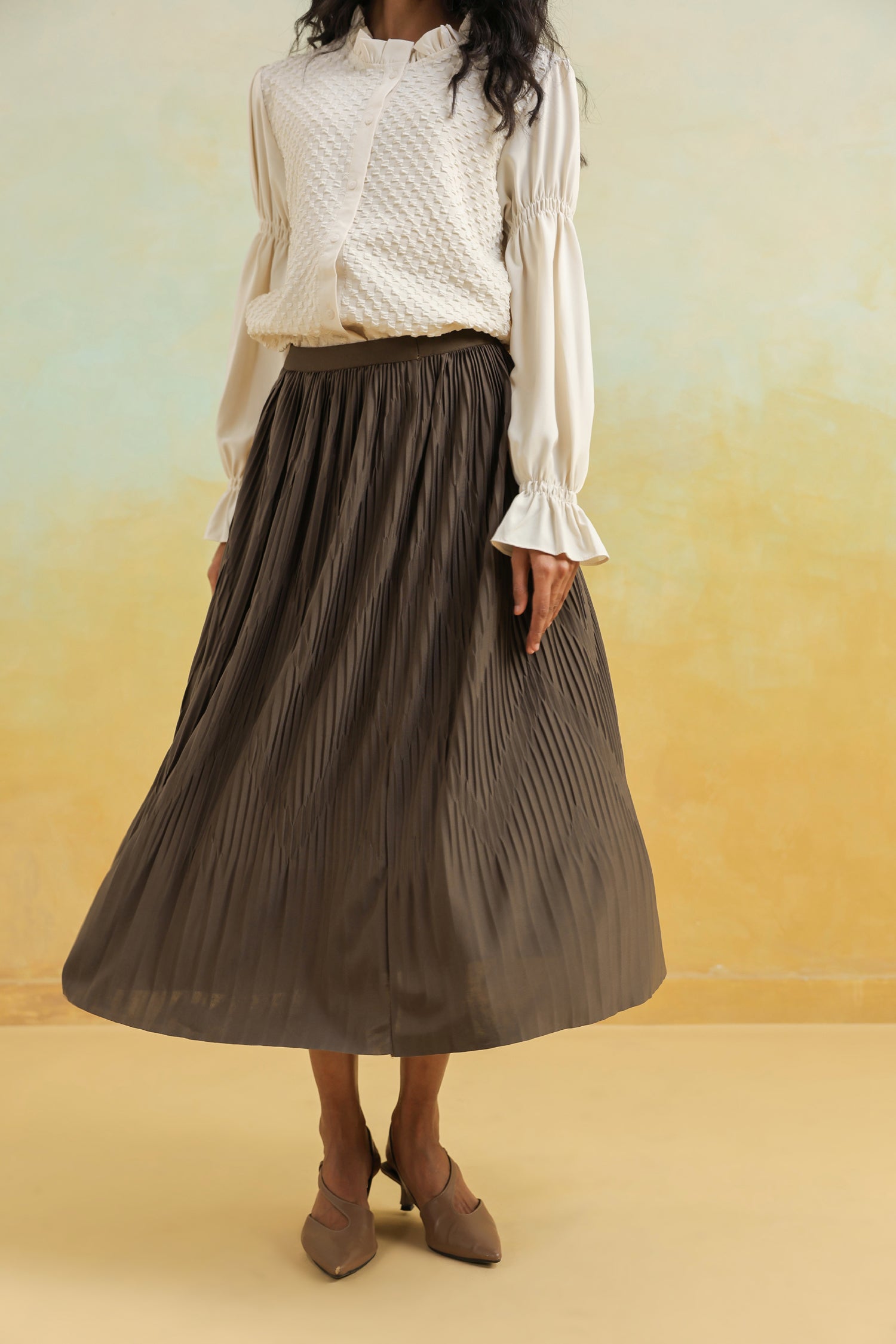 Brown Pleated Skirt in Crepe Silk
