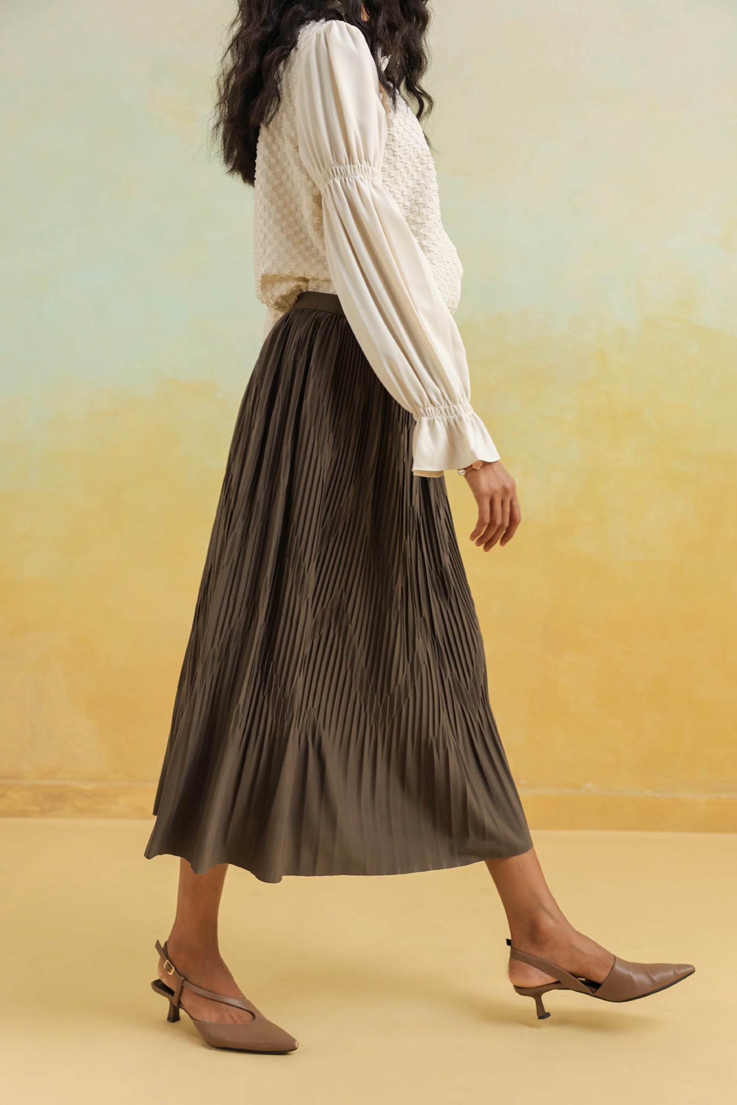 Brown Pleated Skirt in Crepe Silk