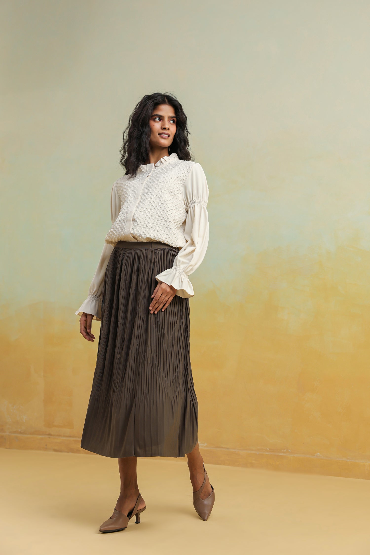Brown Pleated Skirt in Crepe Silk