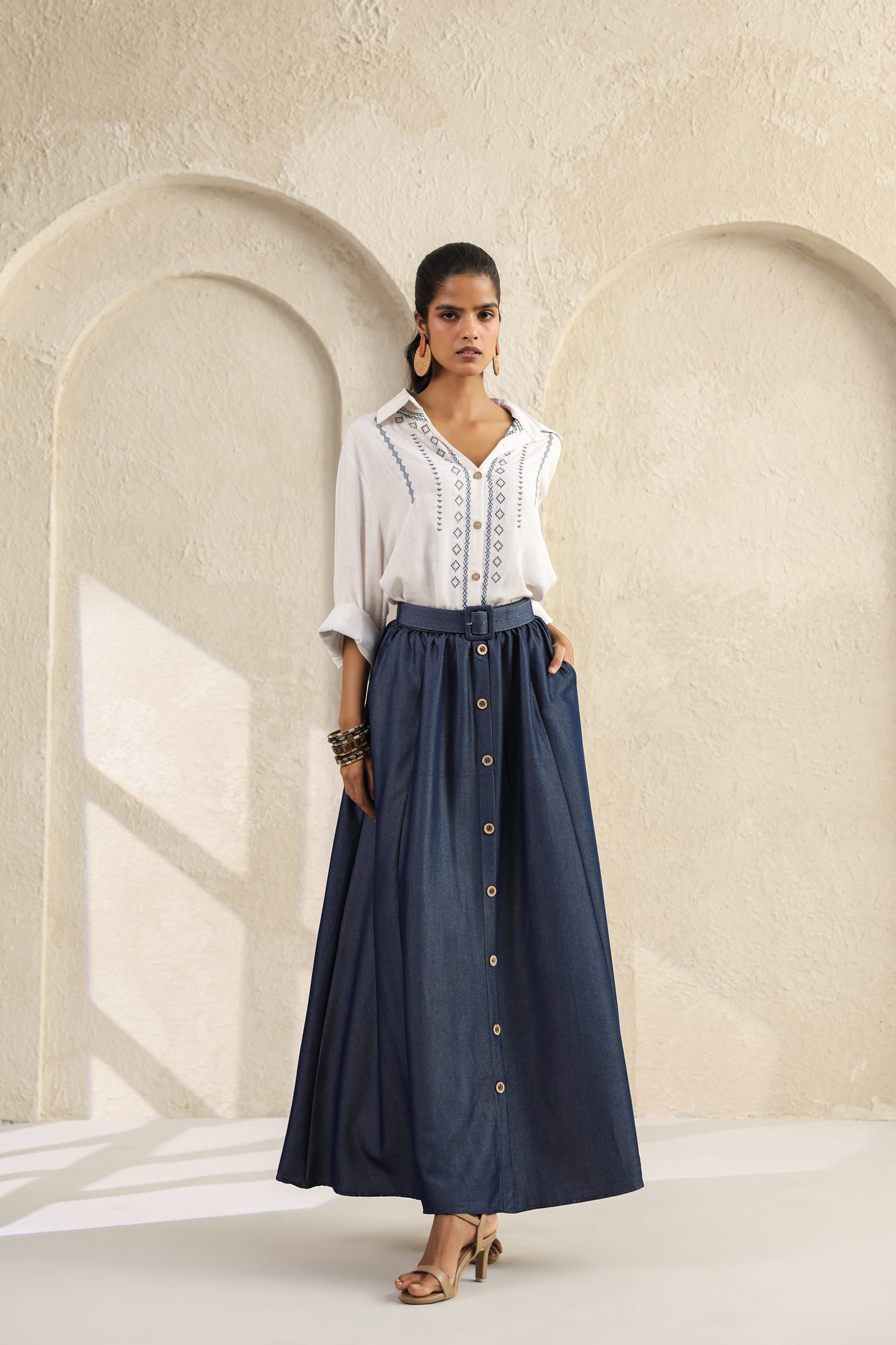 Embroidered Co Ord Set with Cotton Top and soft denim Skirt with Belt