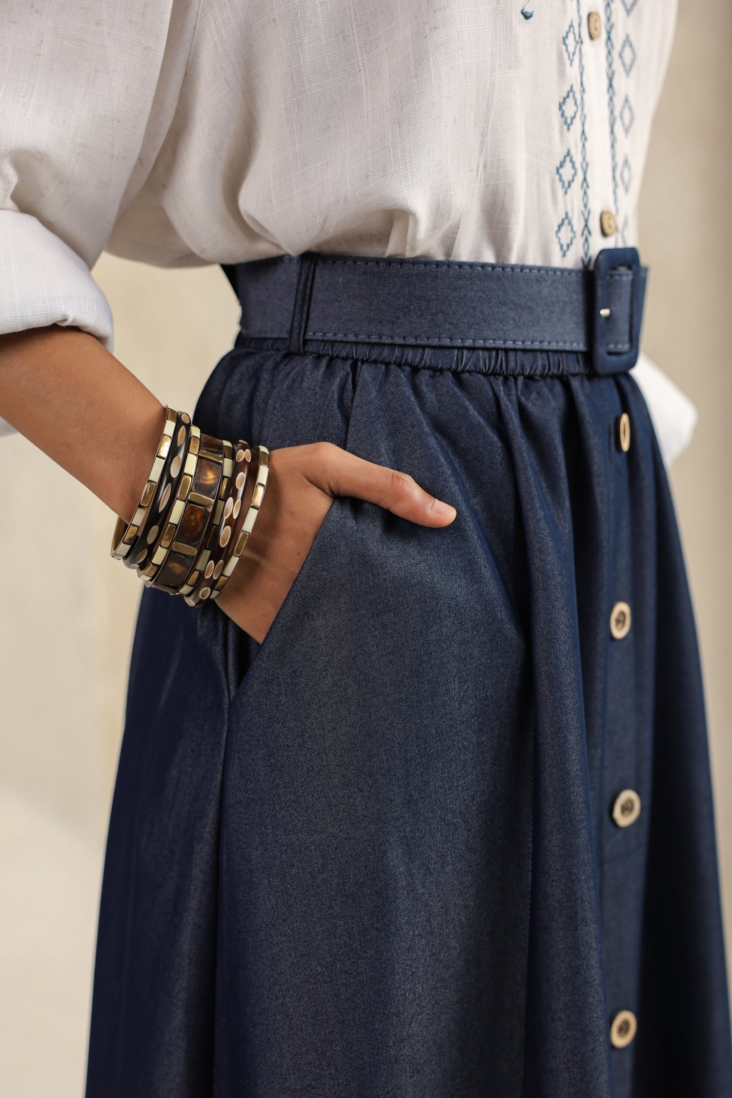 Embroidered Co Ord Set with Cotton Top and soft denim Skirt with Belt