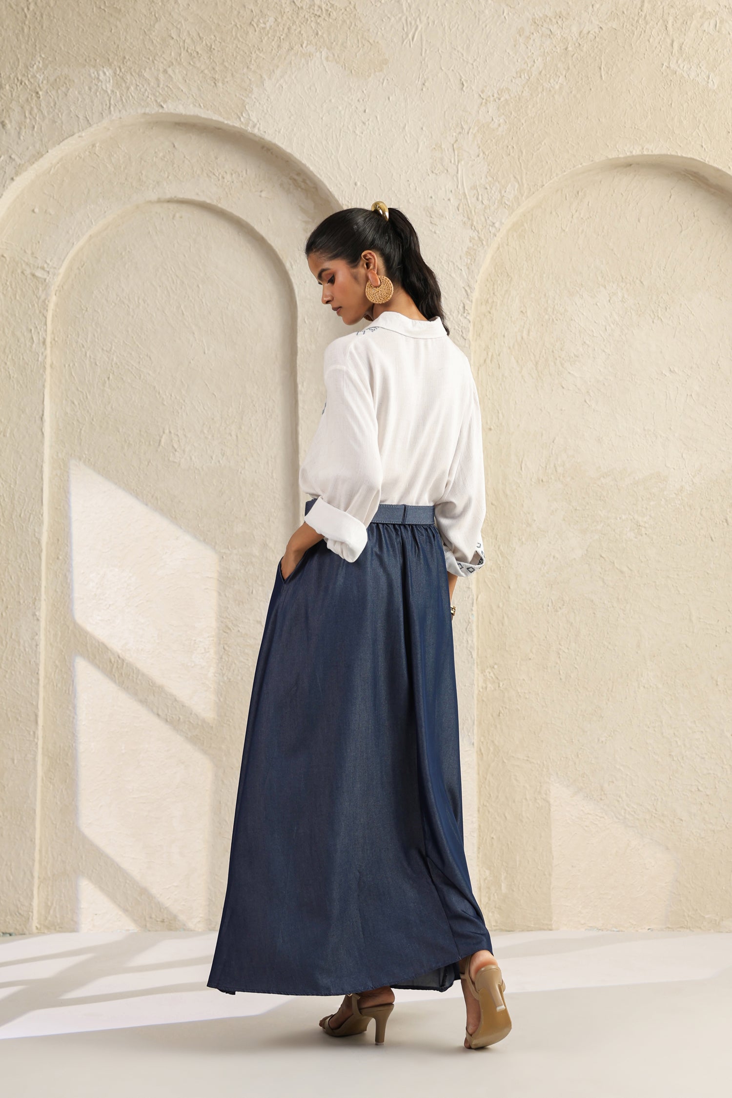 Embroidered Co Ord Set with Cotton Top and soft denim Skirt with Belt