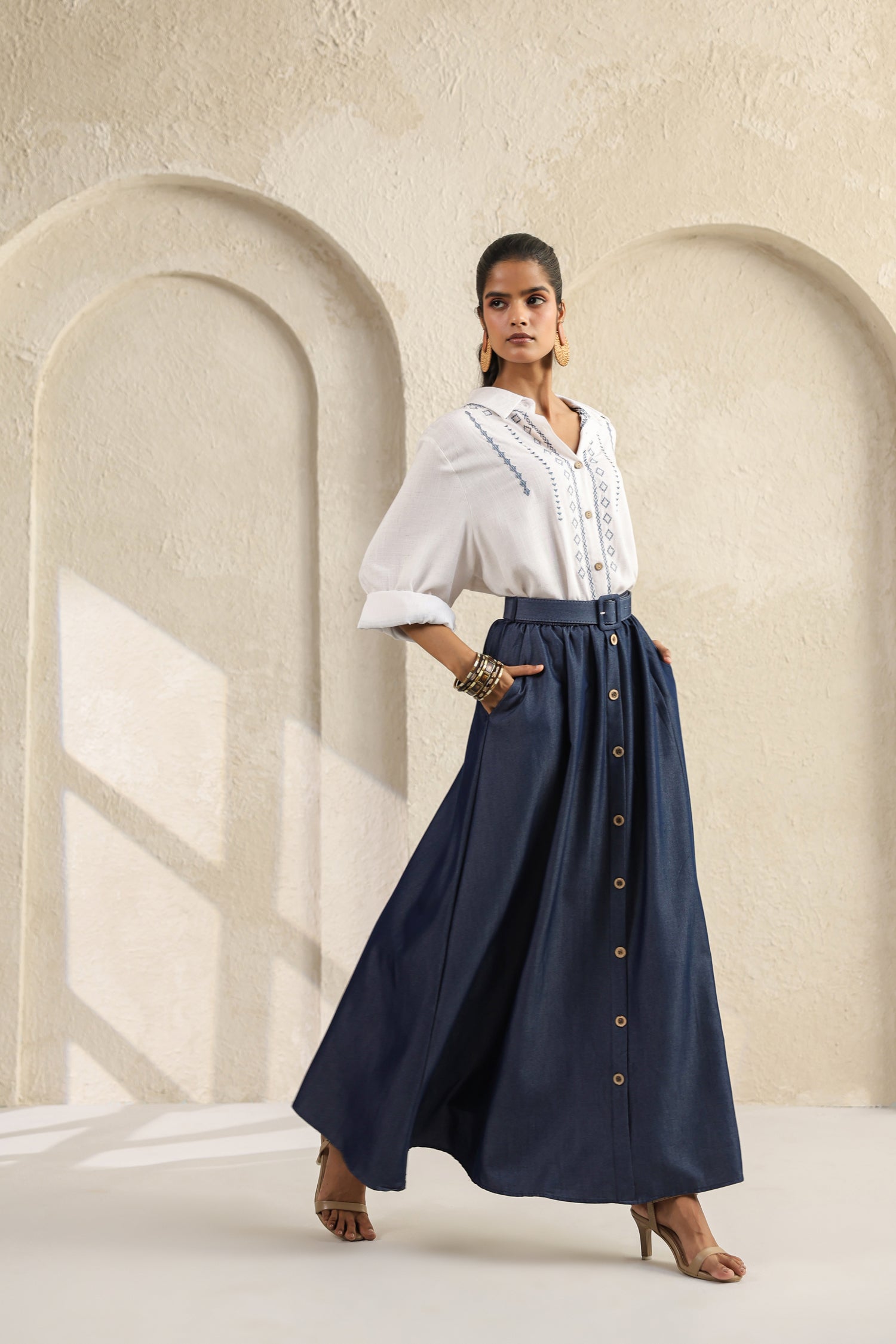 Embroidered Co Ord Set with Cotton Top and soft denim Skirt with Belt