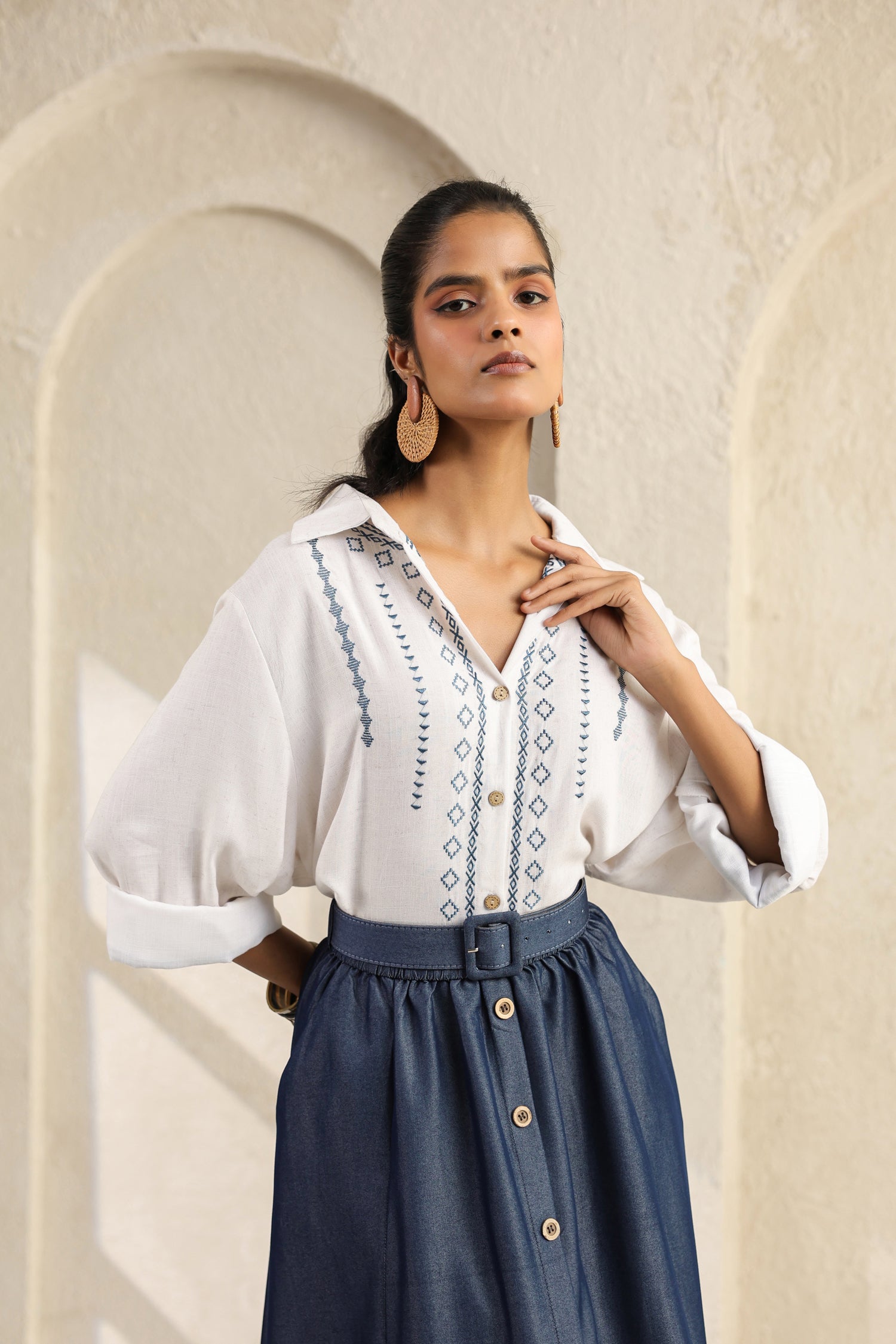 Embroidered Co Ord Set with Cotton Top and soft denim Skirt with Belt