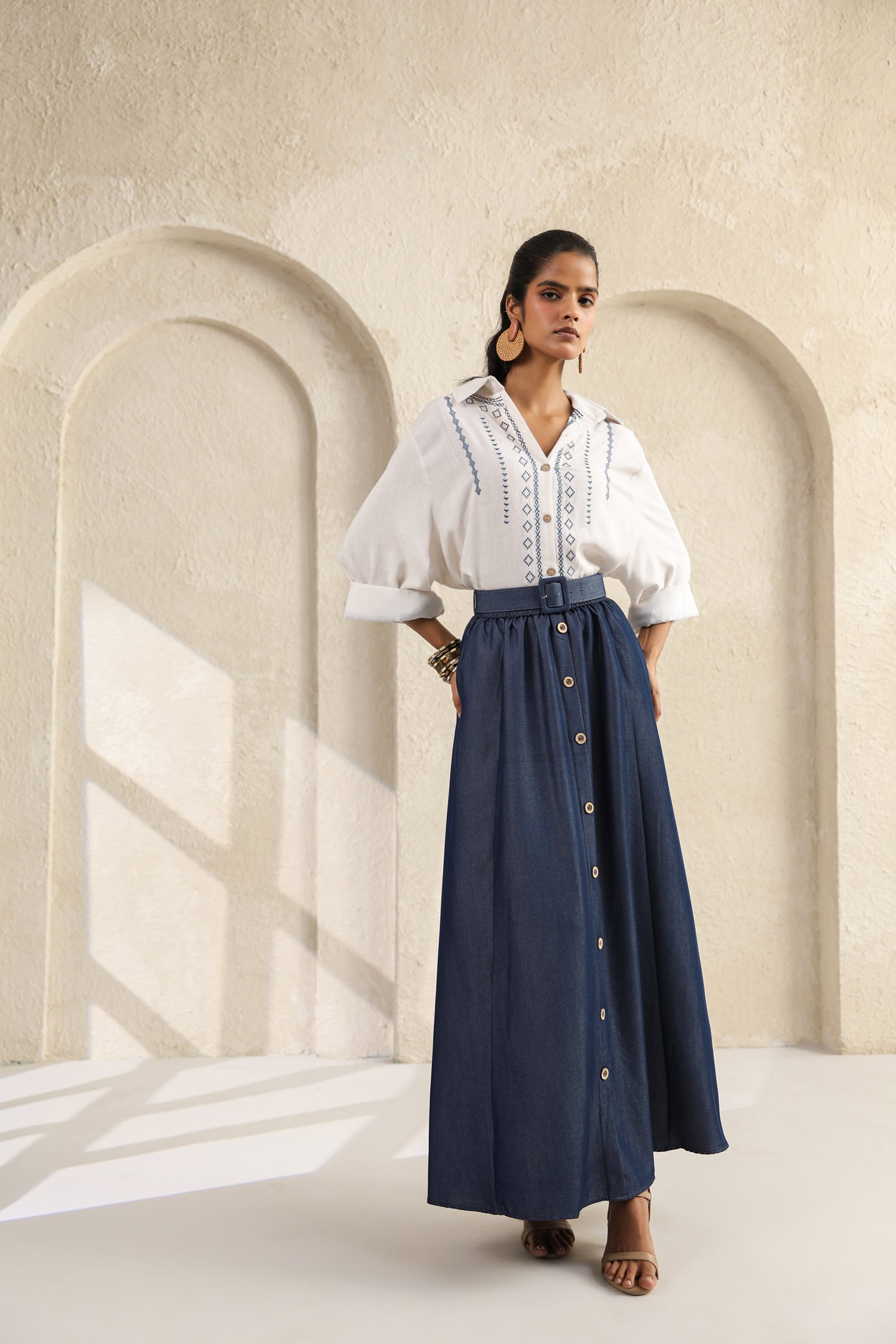 Embroidered Co Ord Set with Cotton Top and soft denim Skirt with Belt