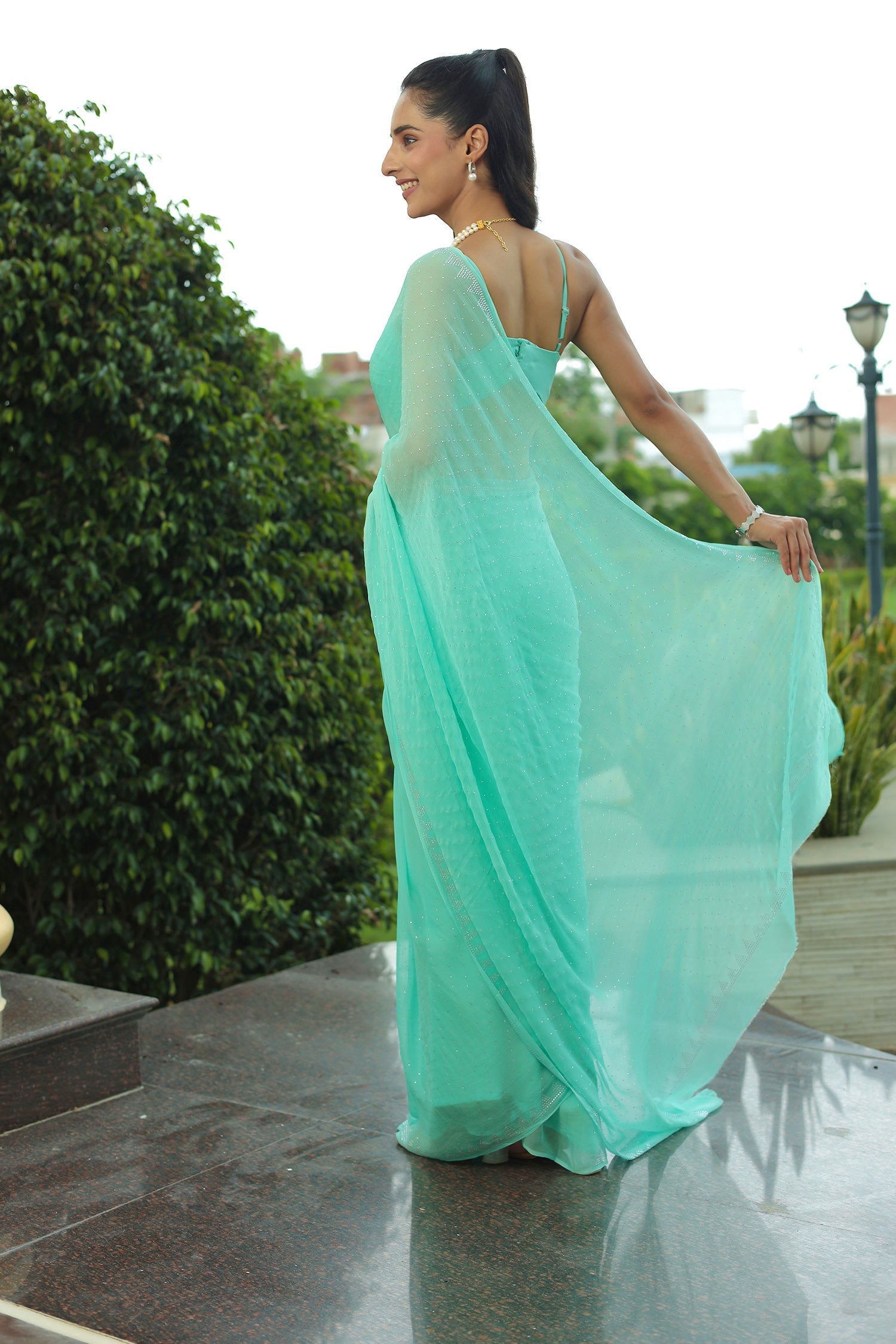 Chiffon Saree with Swarovski Embellishment and Foil Print