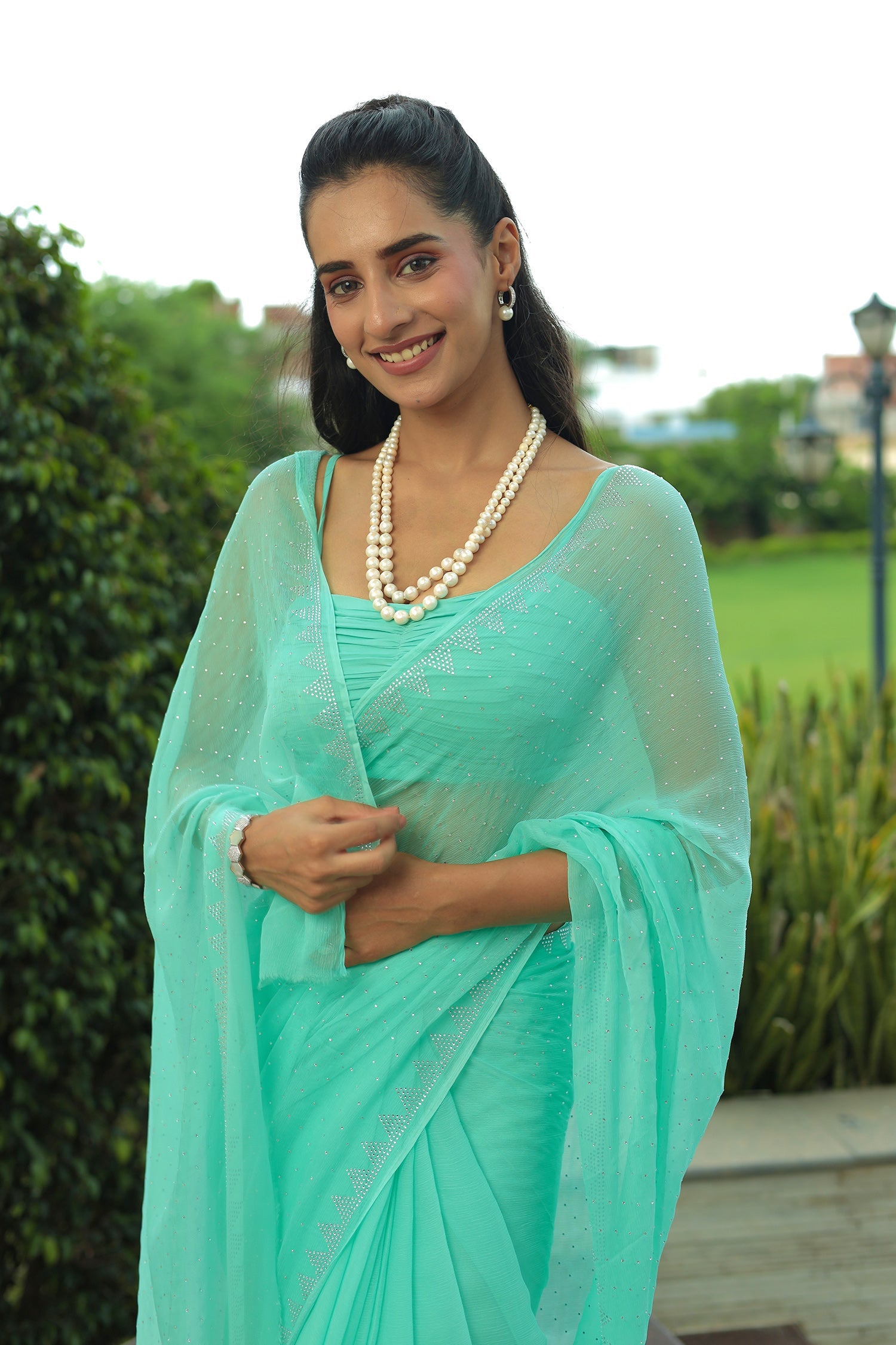 Chiffon Saree with Swarovski Embellishment and Foil Print