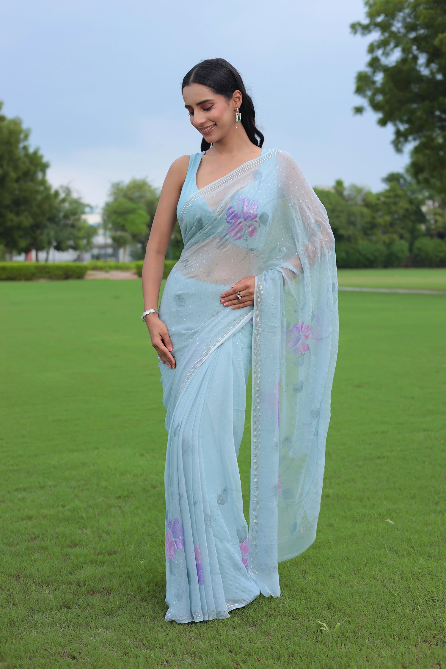 Chiffon Saree with Swarovski Embellishment and Foil Print