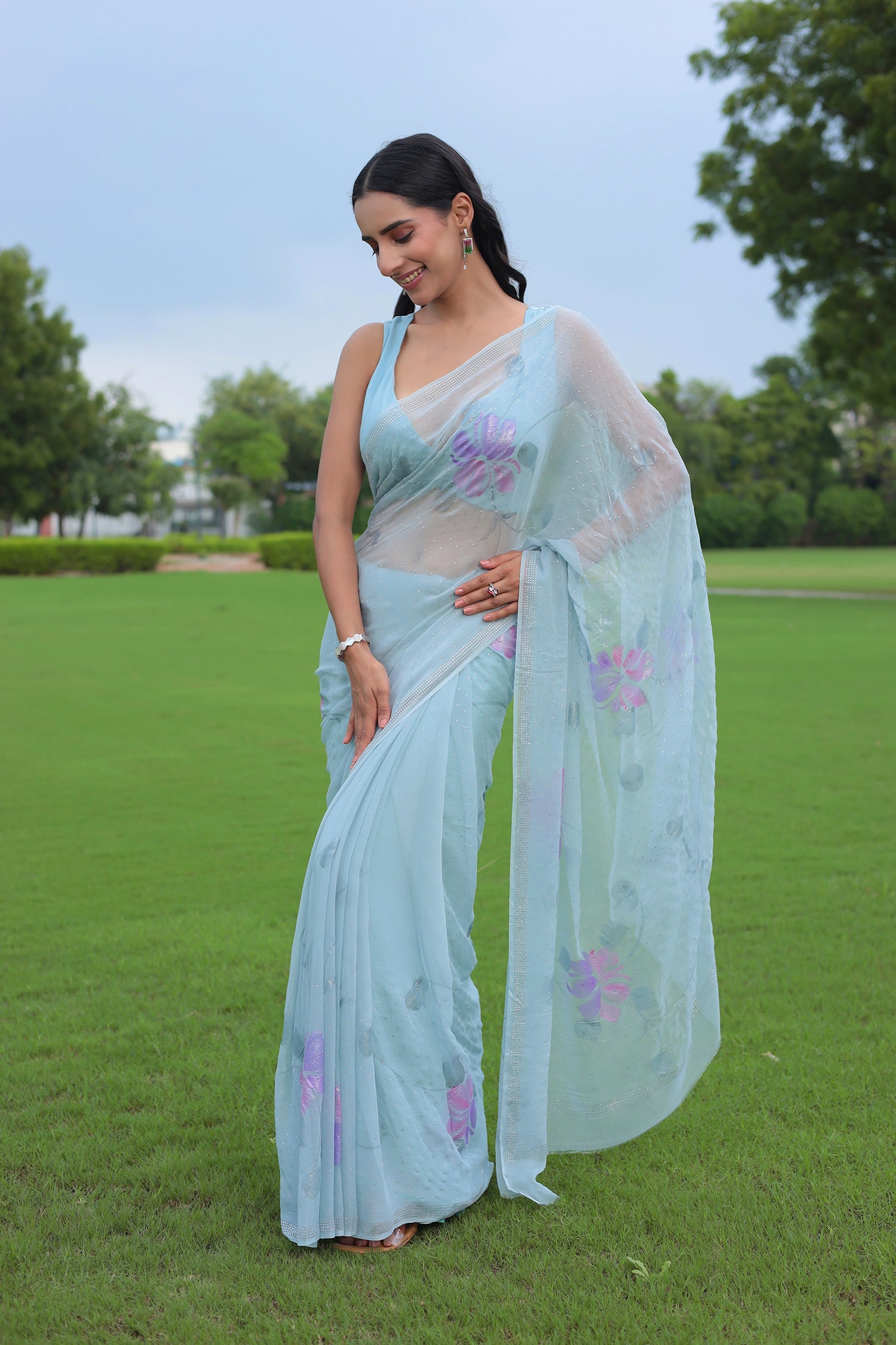 Chiffon Saree with Swarovski Embellishment and Foil Print
