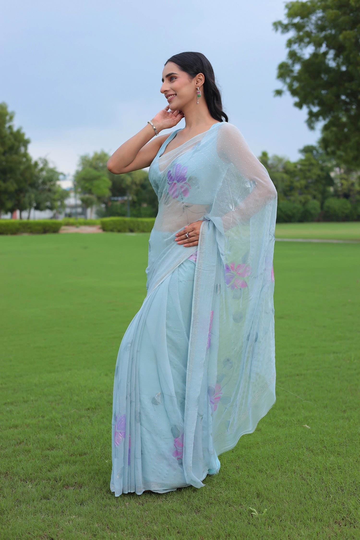 Chiffon Saree with Swarovski Embellishment and Foil Print
