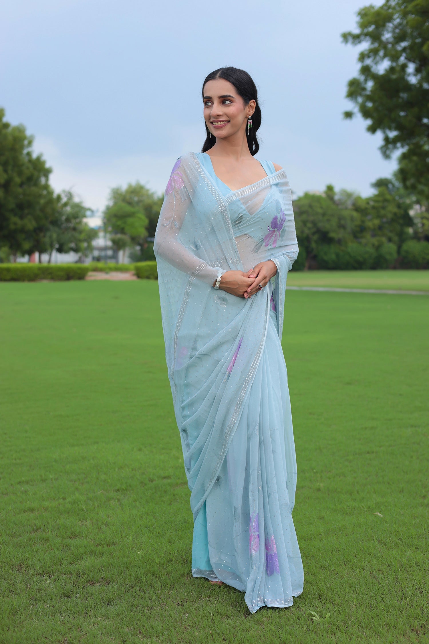 Chiffon Saree with Swarovski Embellishment and Foil Print