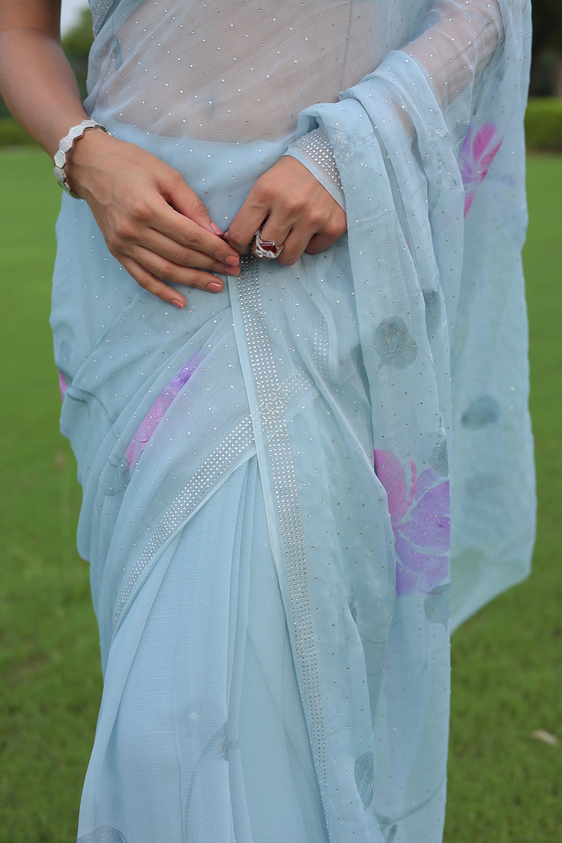 Chiffon Saree with Swarovski Embellishment and Foil Print
