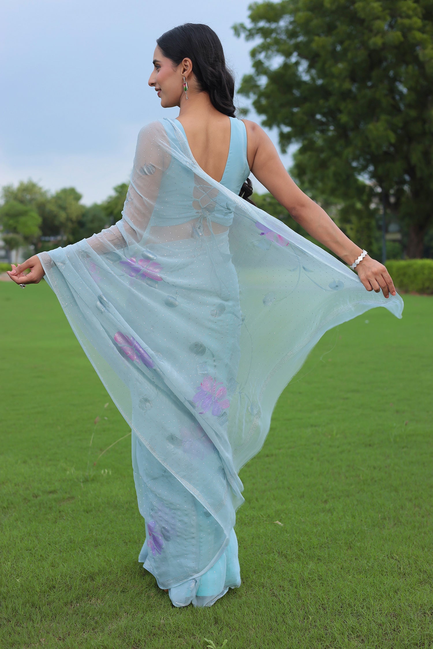 Chiffon Saree with Swarovski Embellishment and Foil Print