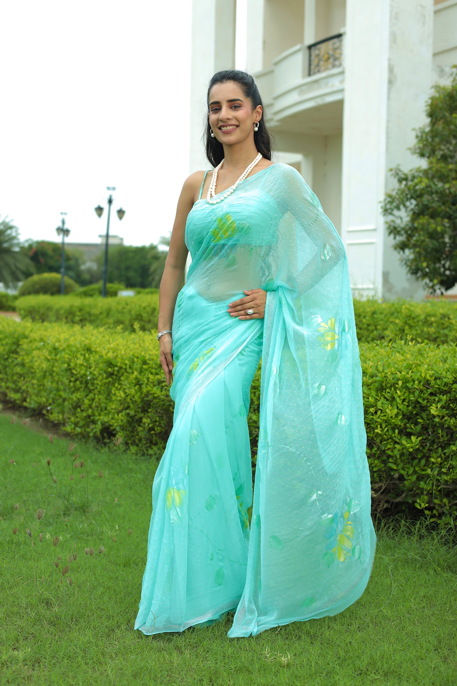 Chiffon Saree with Swarovski Embellishment and Foil Print