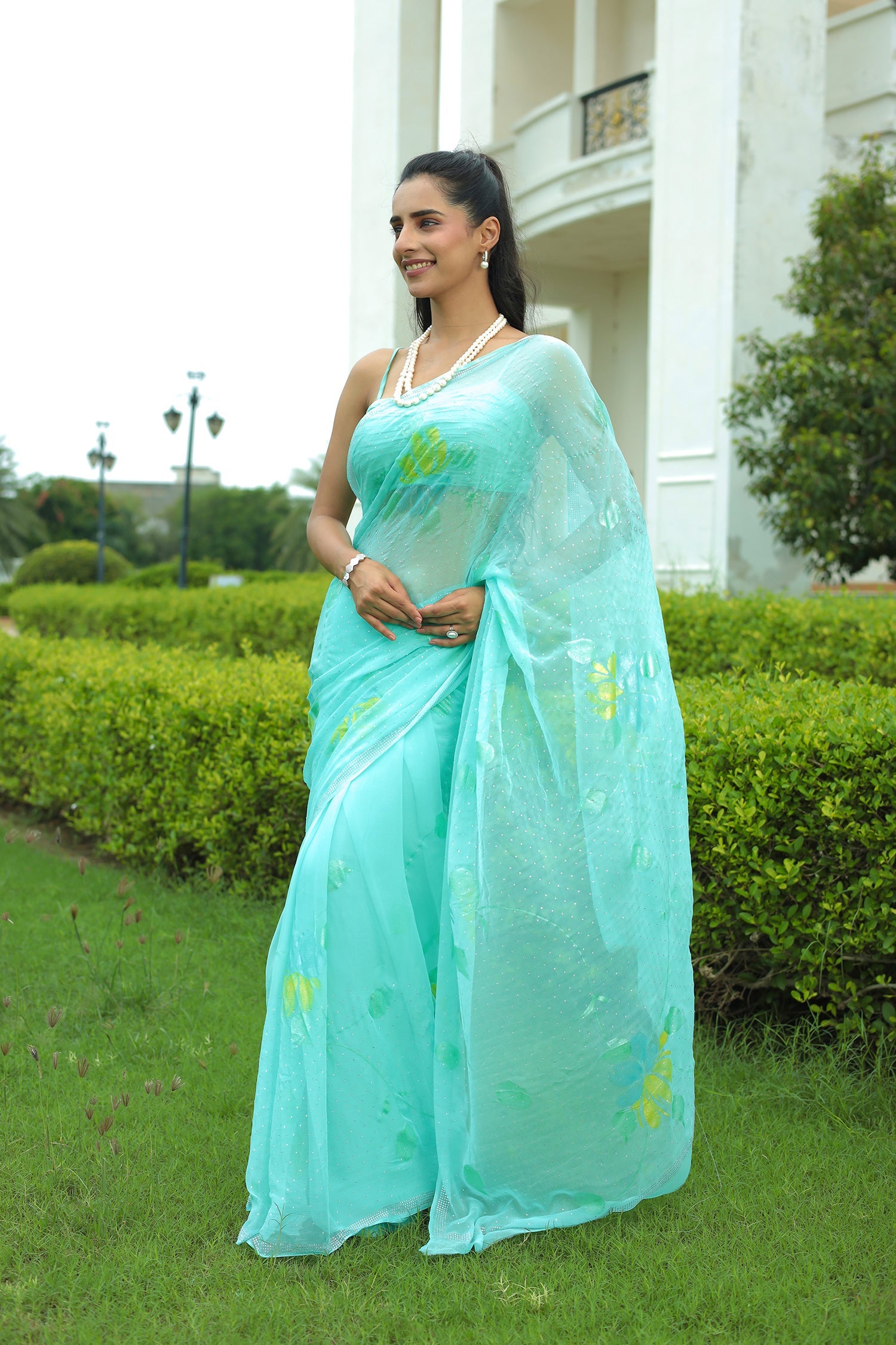 Chiffon Saree with Swarovski Embellishment and Foil Print