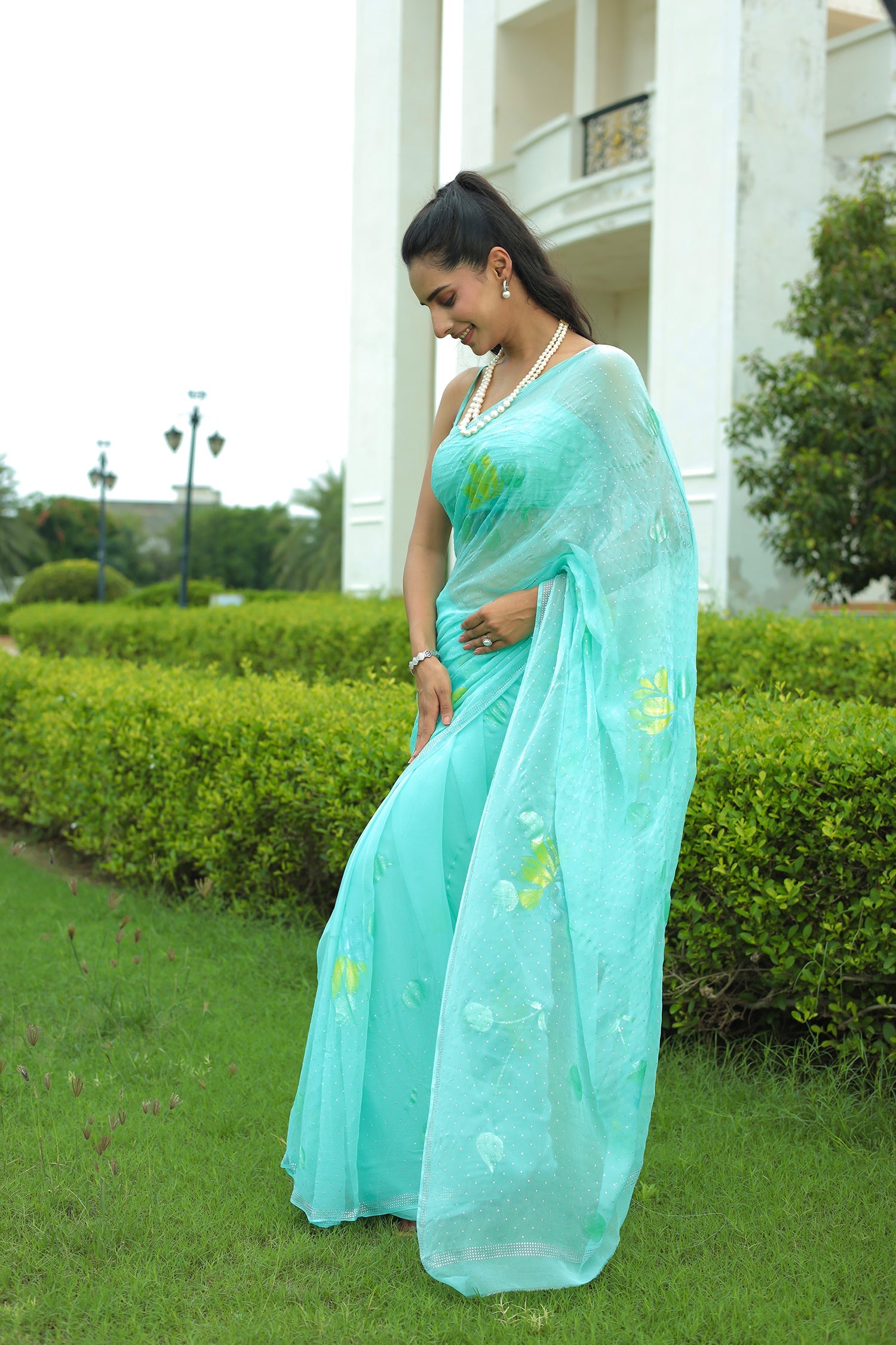 Chiffon Saree with Swarovski Embellishment and Foil Print