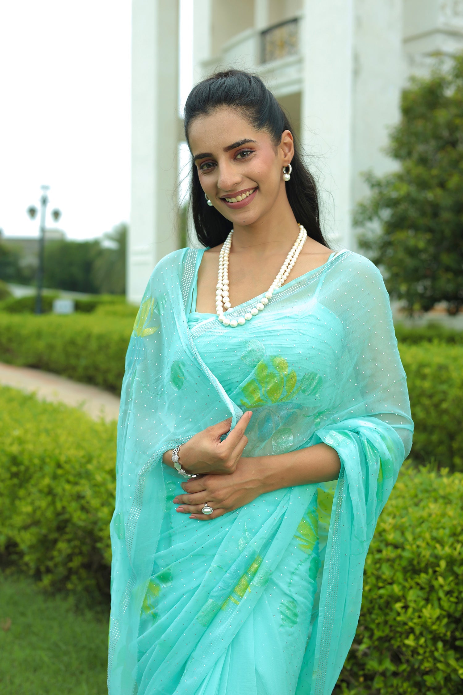 Chiffon Saree with Swarovski Embellishment and Foil Print