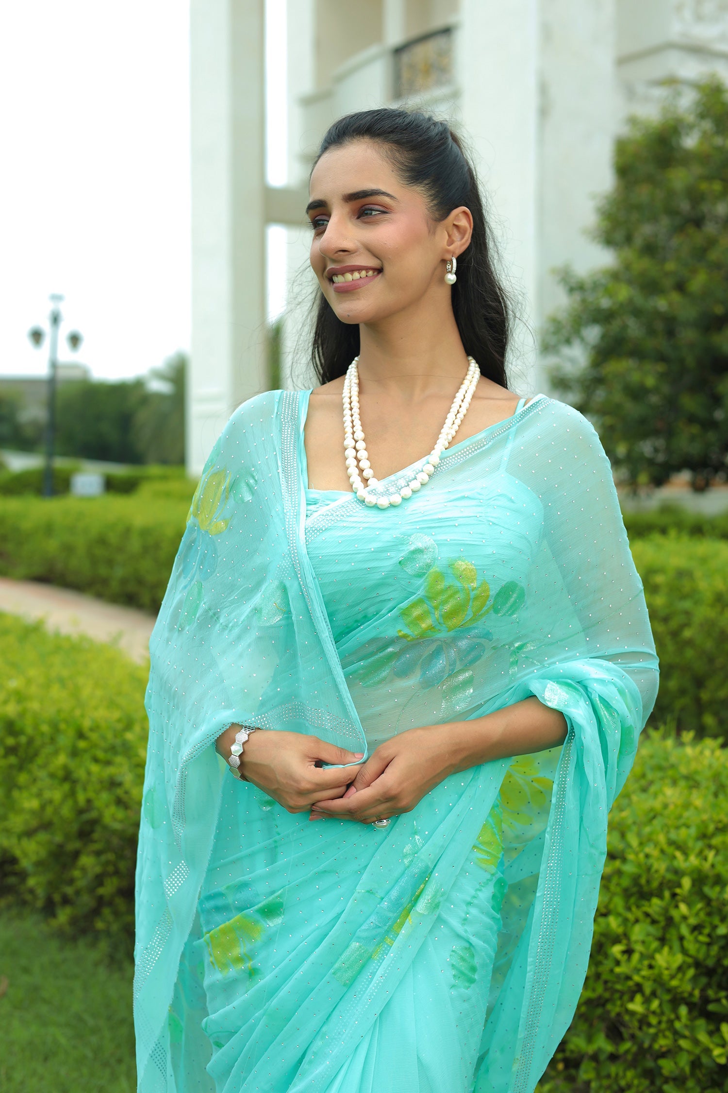 Chiffon Saree with Swarovski Embellishment and Foil Print