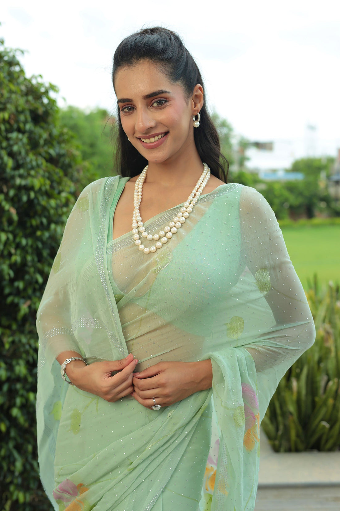 Chiffon Saree with Swarovski Embellishment and Foil Print