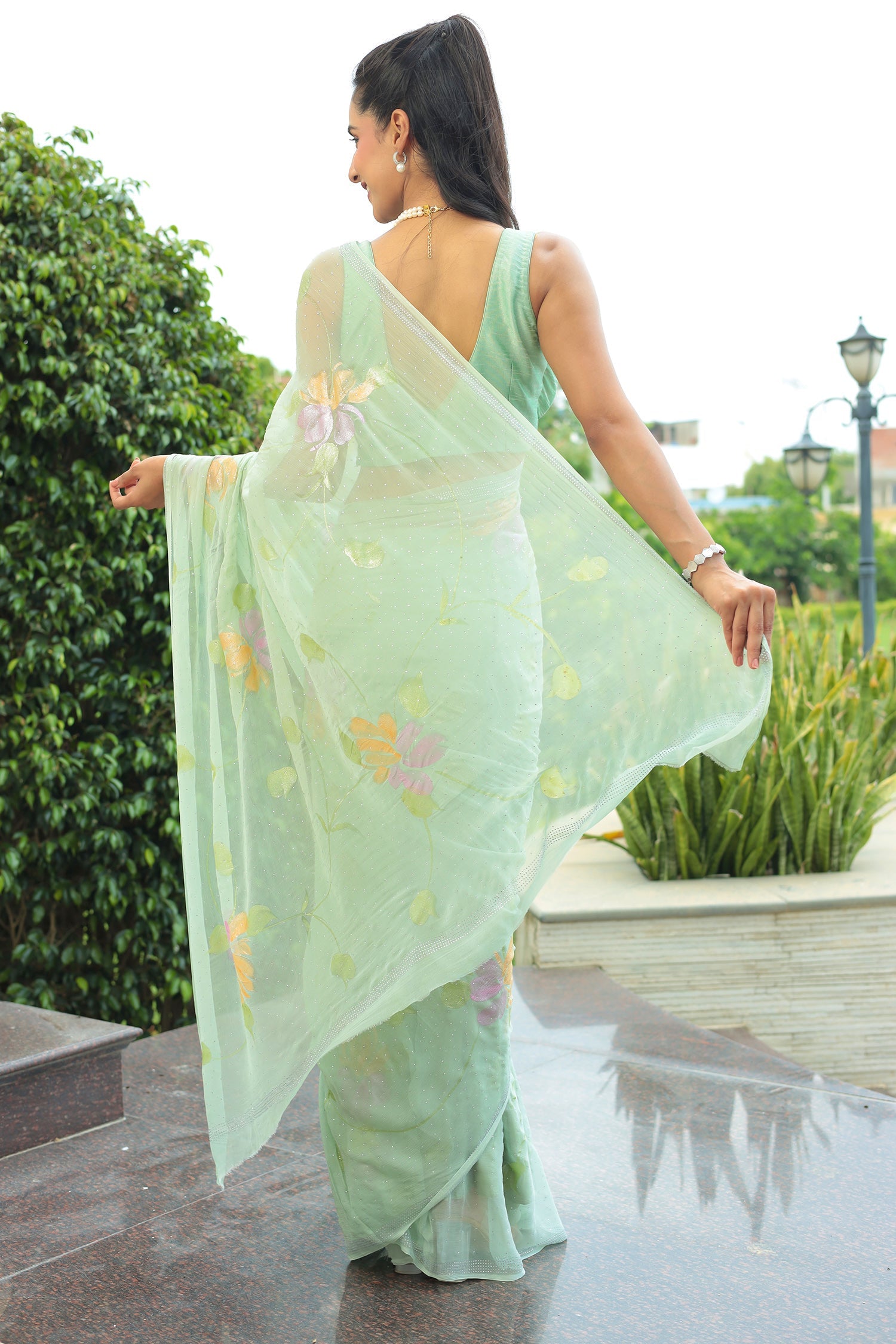 Chiffon Saree with Swarovski Embellishment and Foil Print