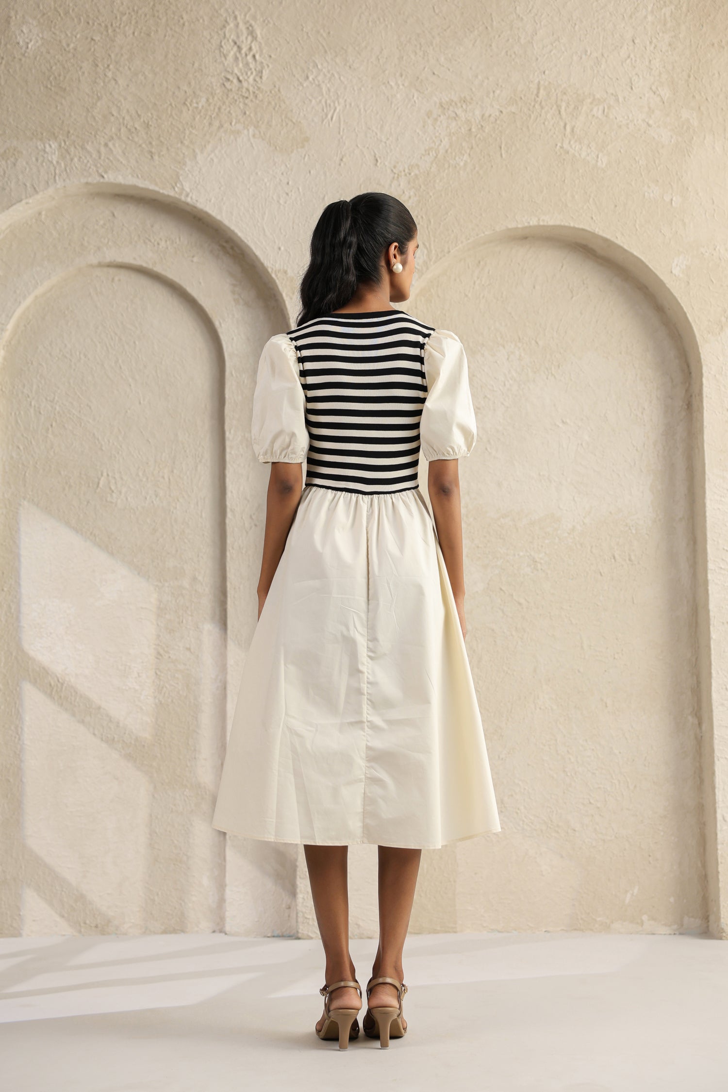 Striped Charm Puff Sleeve Dress – Cream Cotton Knit