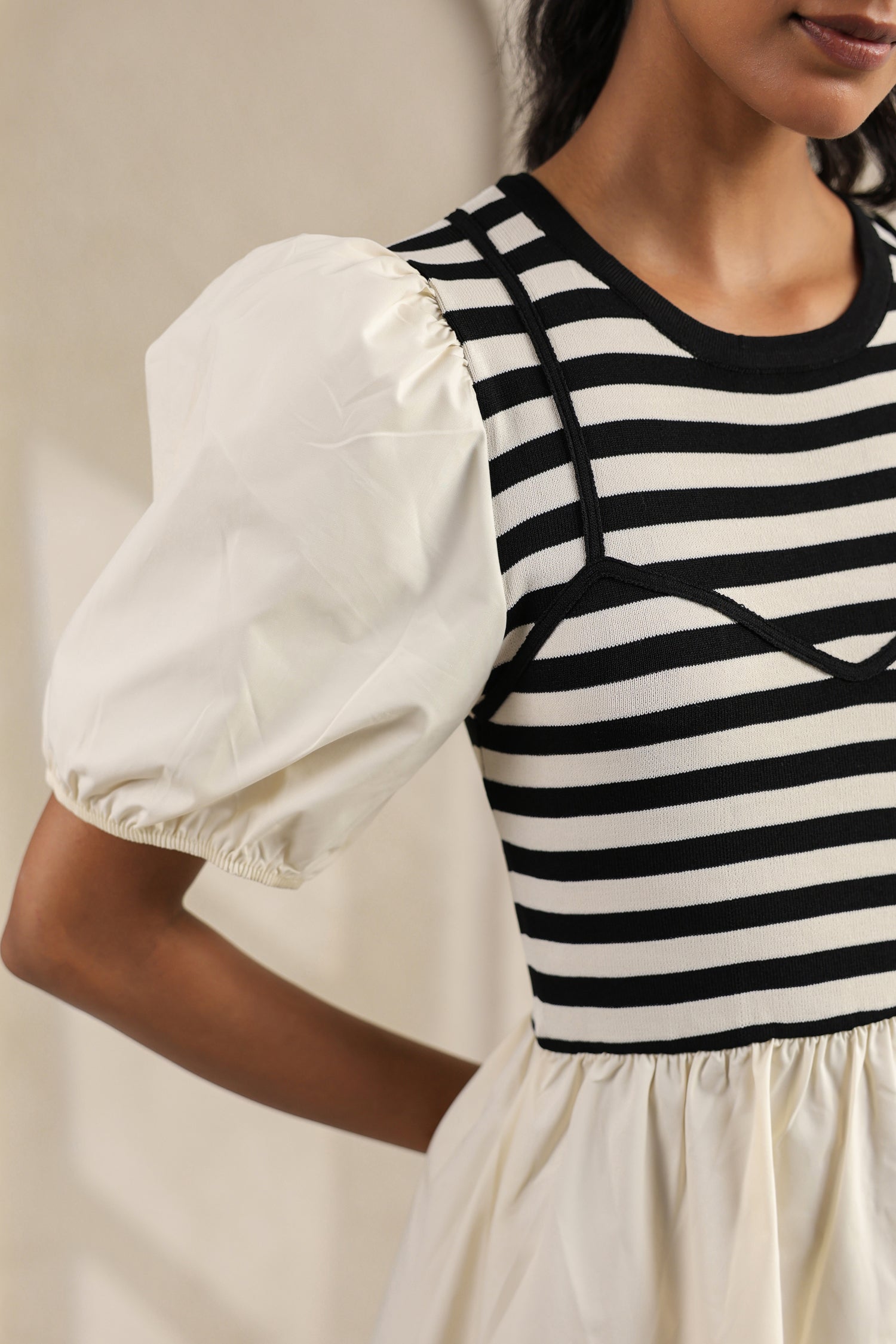 Striped Charm Puff Sleeve Dress – Cream Cotton Knit