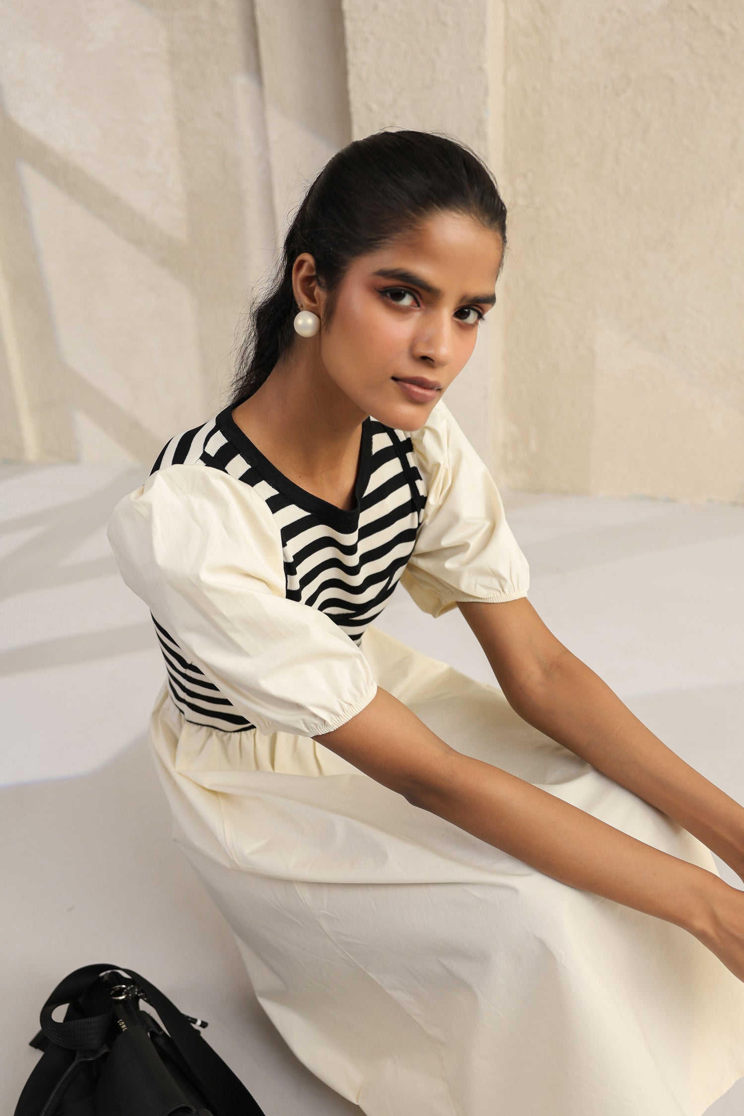 Striped Charm Puff Sleeve Dress – Cream Cotton Knit