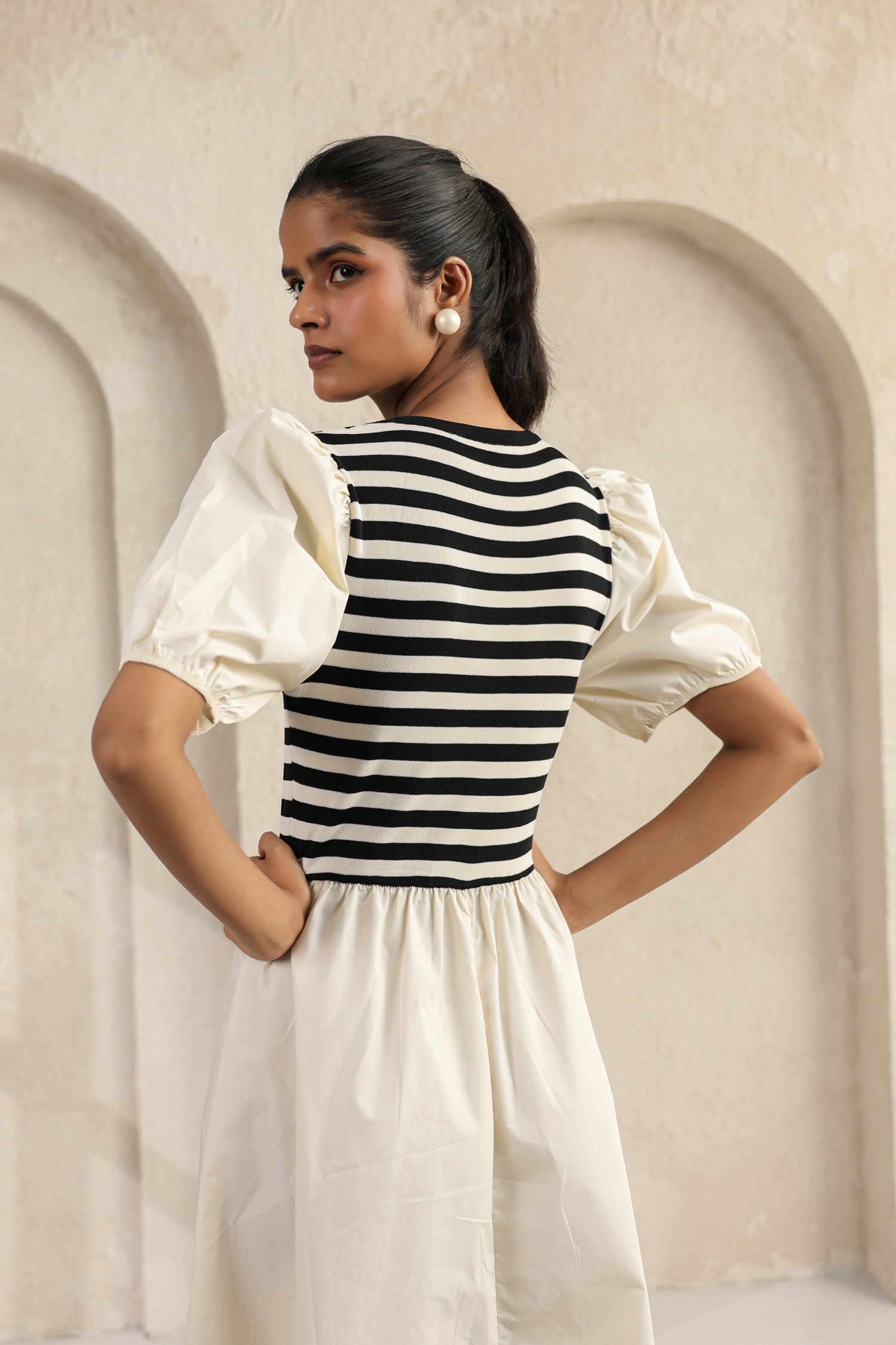 Striped Charm Puff Sleeve Dress – Cream Cotton Knit