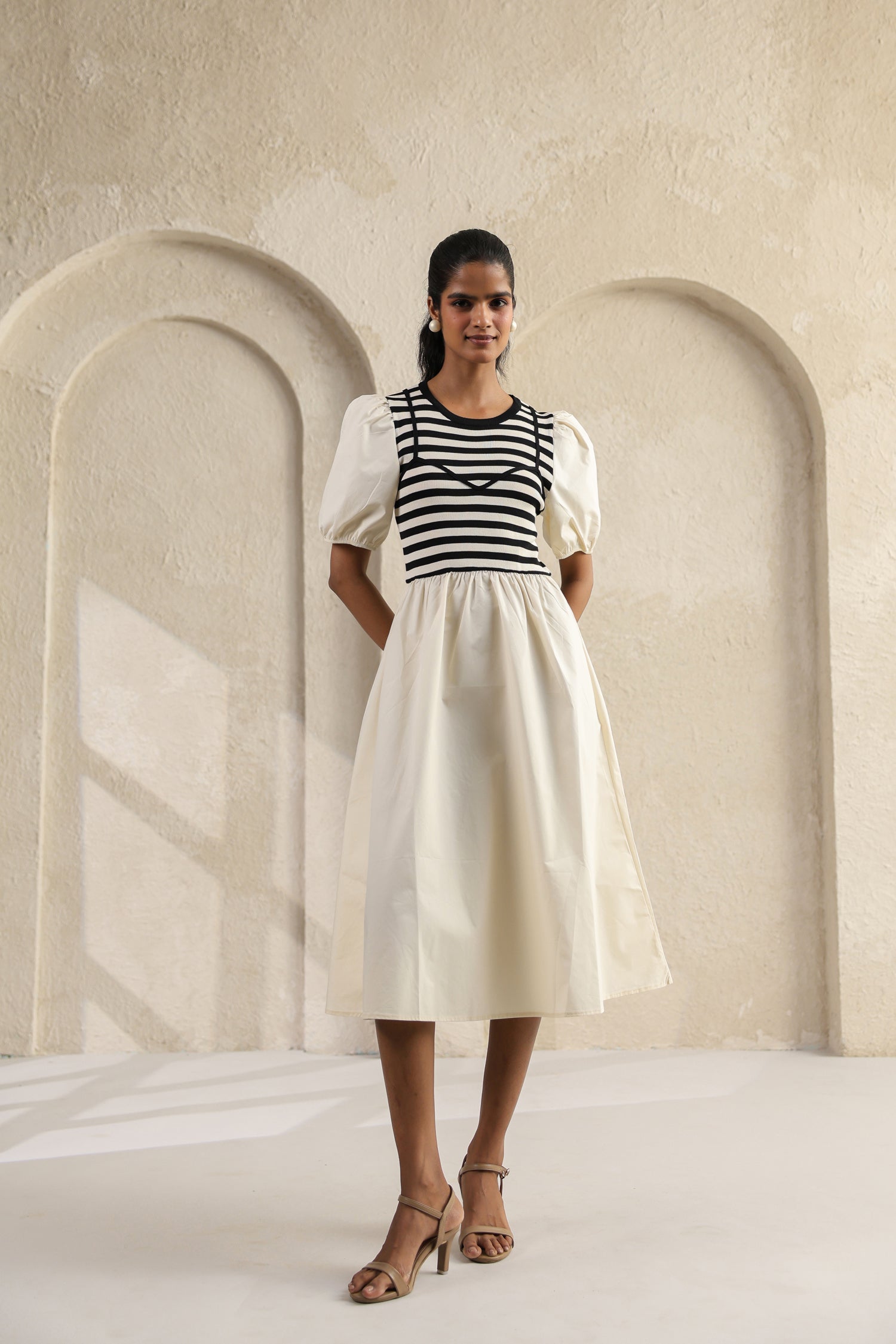 Striped Charm Puff Sleeve Dress – Cream Cotton Knit