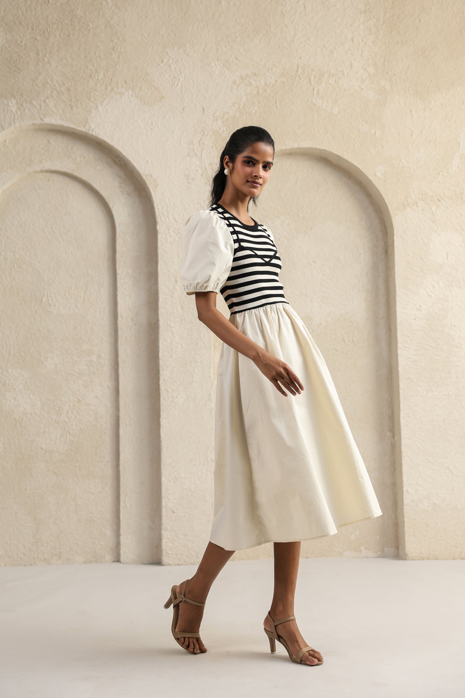 Striped Charm Puff Sleeve Dress – Cream Cotton Knit