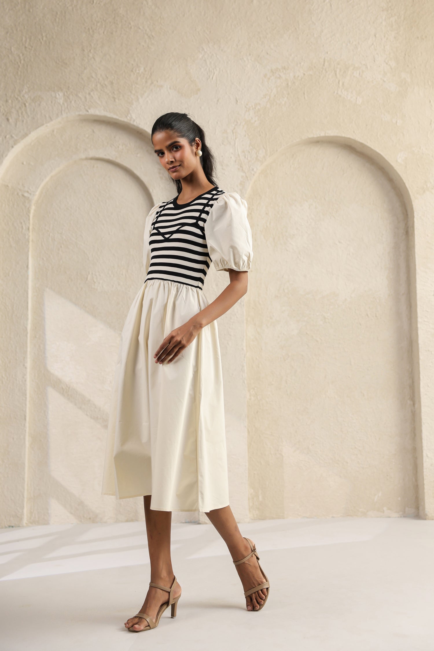 Striped Charm Puff Sleeve Dress – Cream Cotton Knit