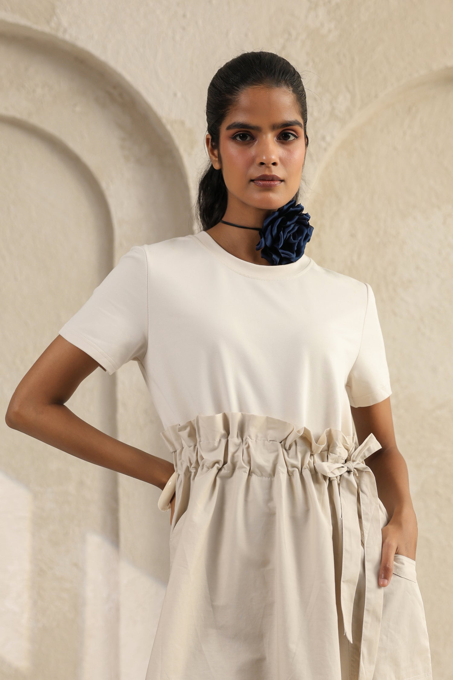 The Soft Hue Solid Midi Dress – Cream Cotton Ease