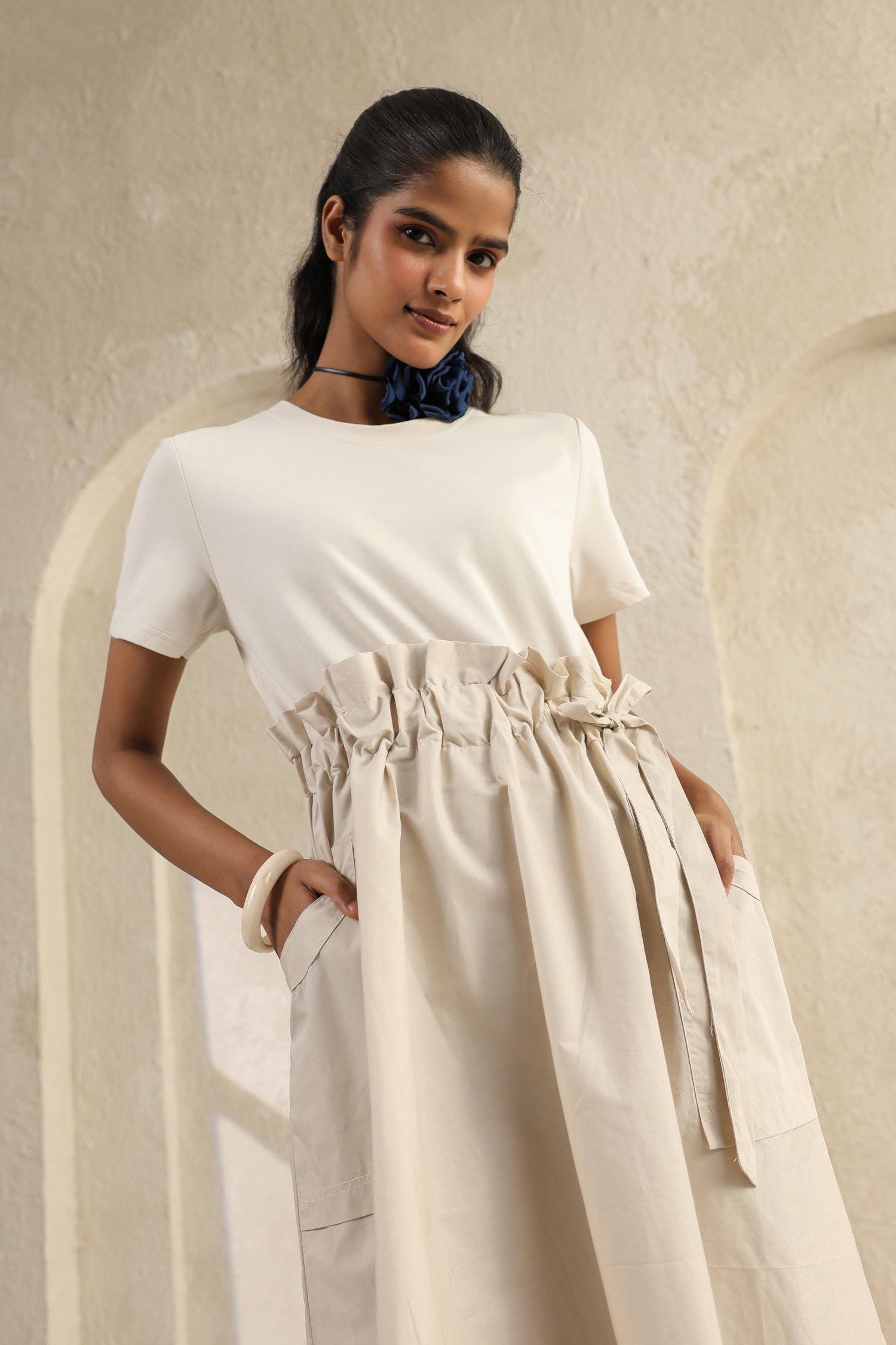 The Soft Hue Solid Midi Dress – Cream Cotton Ease