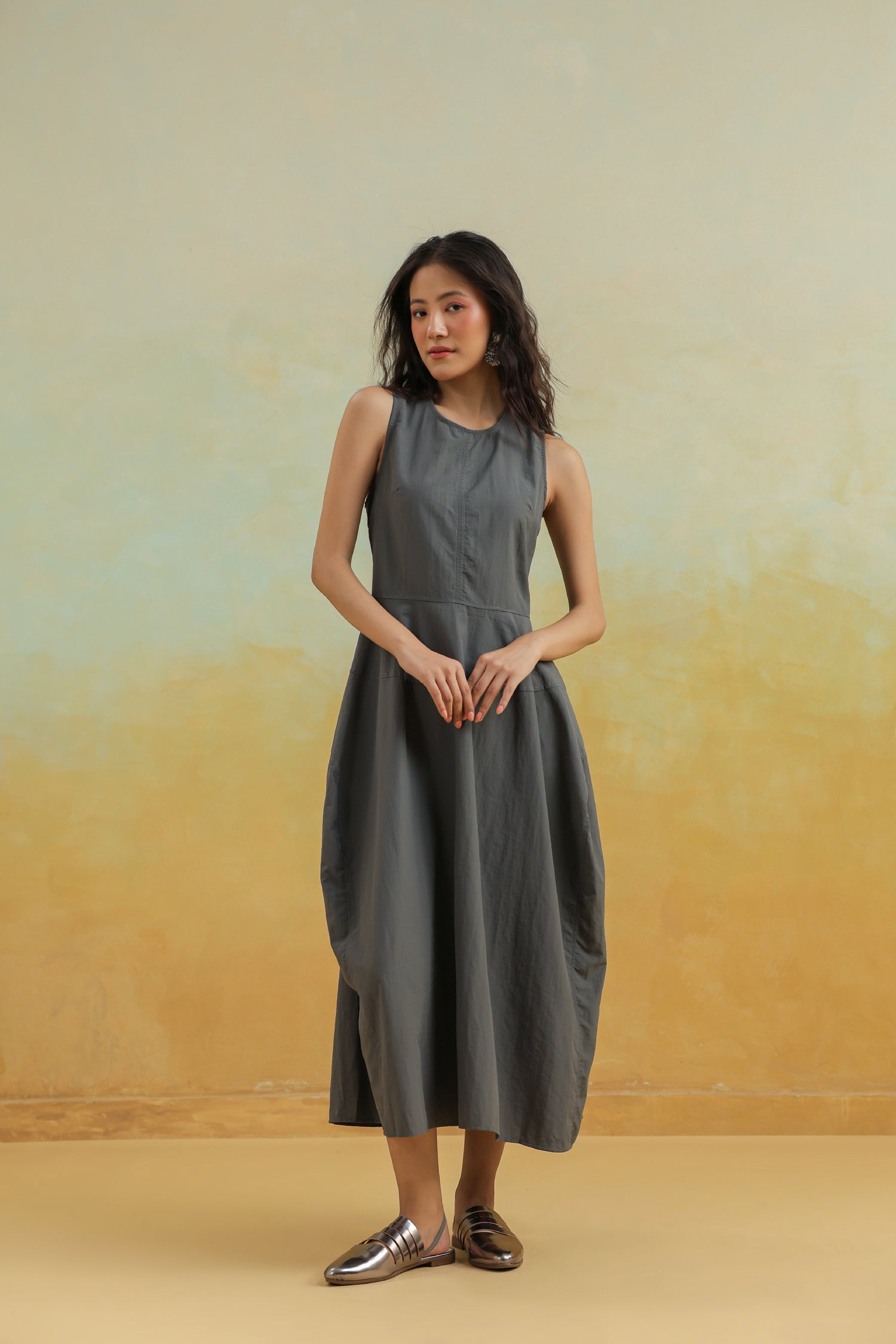 The Cloudline Sleeveless Cotton Dress – Grey Minimal Mood