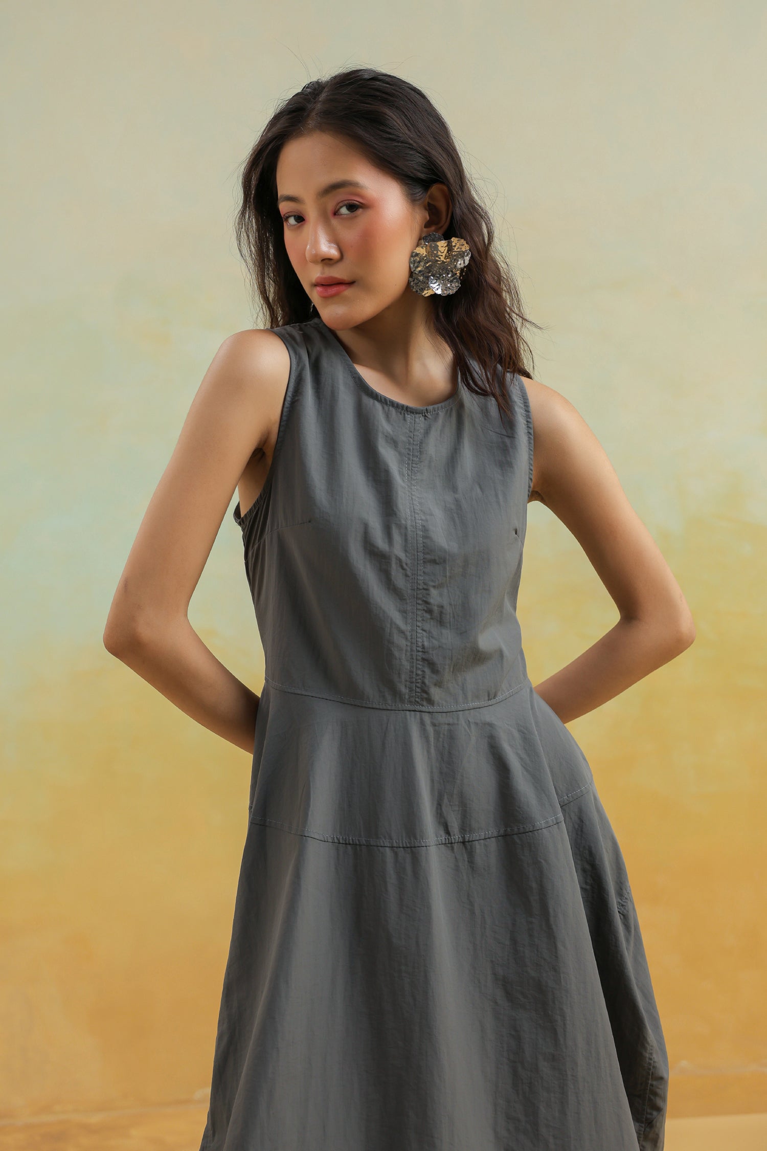 The Cloudline Sleeveless Cotton Dress – Grey Minimal Mood