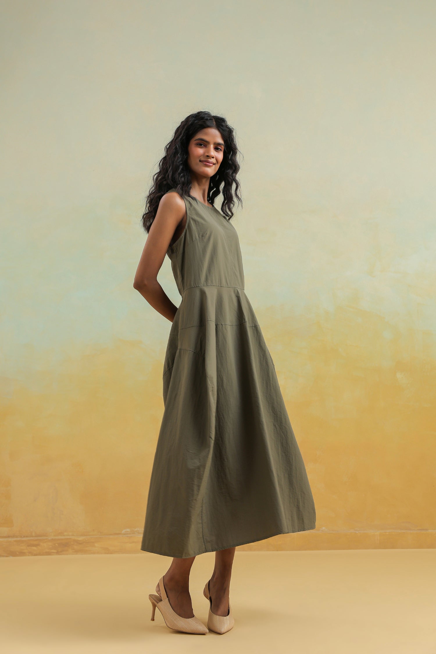 The Olive Flow Sleeveless Cotton Dress – Earthy Ease Edition