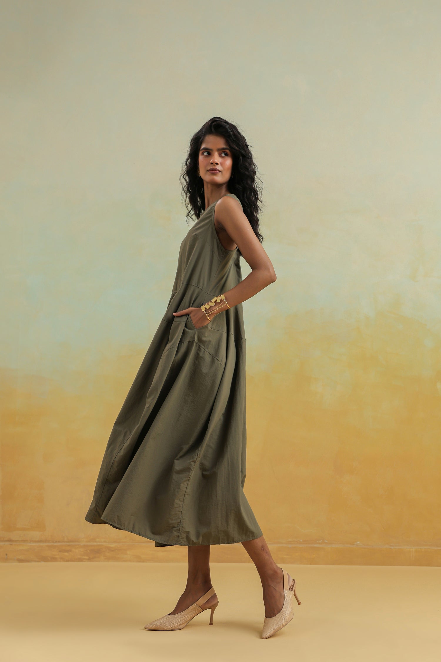 The Olive Flow Sleeveless Cotton Dress – Earthy Ease Edition