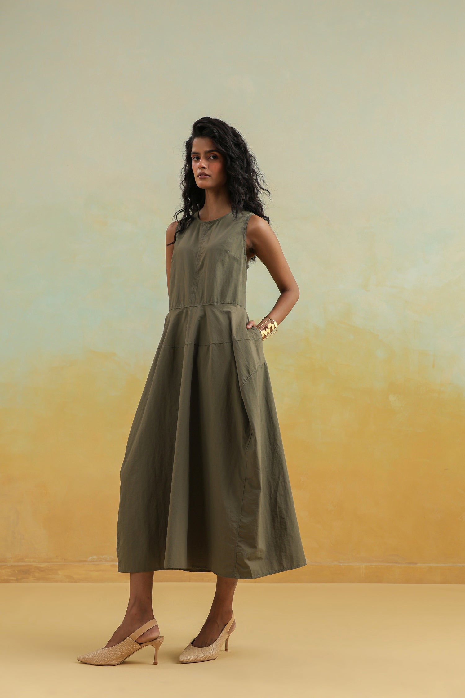 The Olive Flow Sleeveless Cotton Dress – Earthy Ease Edition