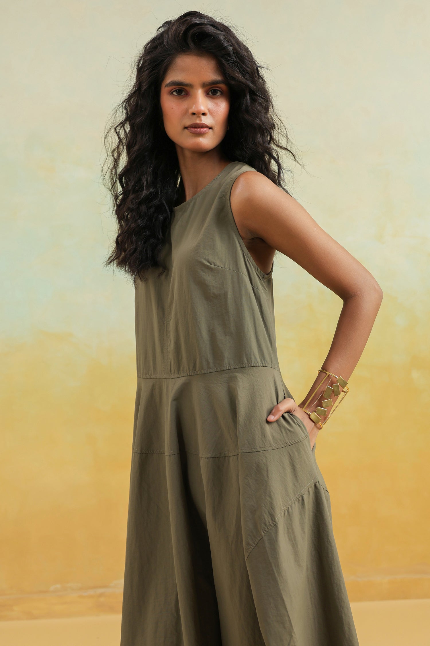 The Olive Flow Sleeveless Cotton Dress – Earthy Ease Edition