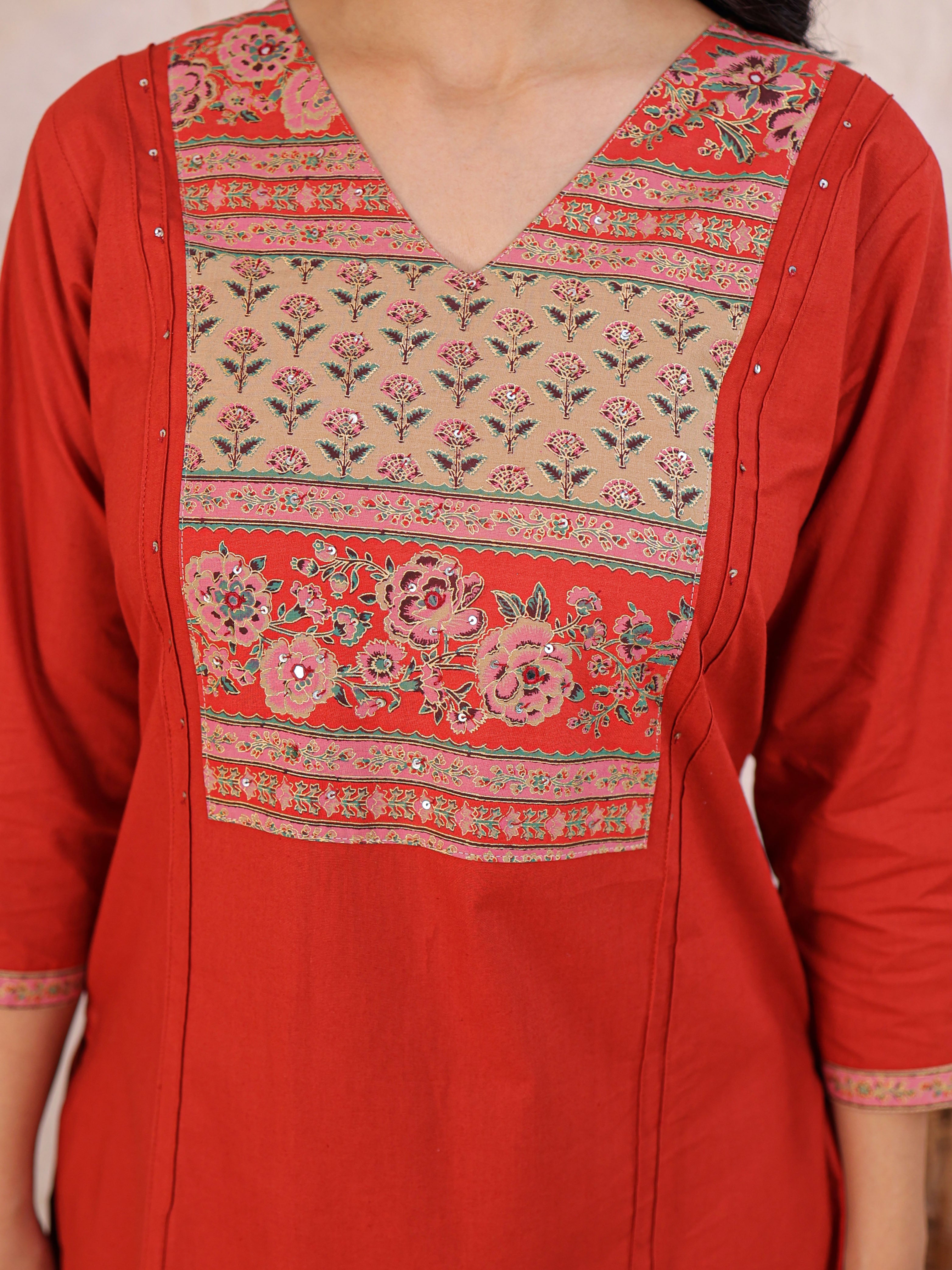 Printed Cotton Kurta Set Stitched with Thread work