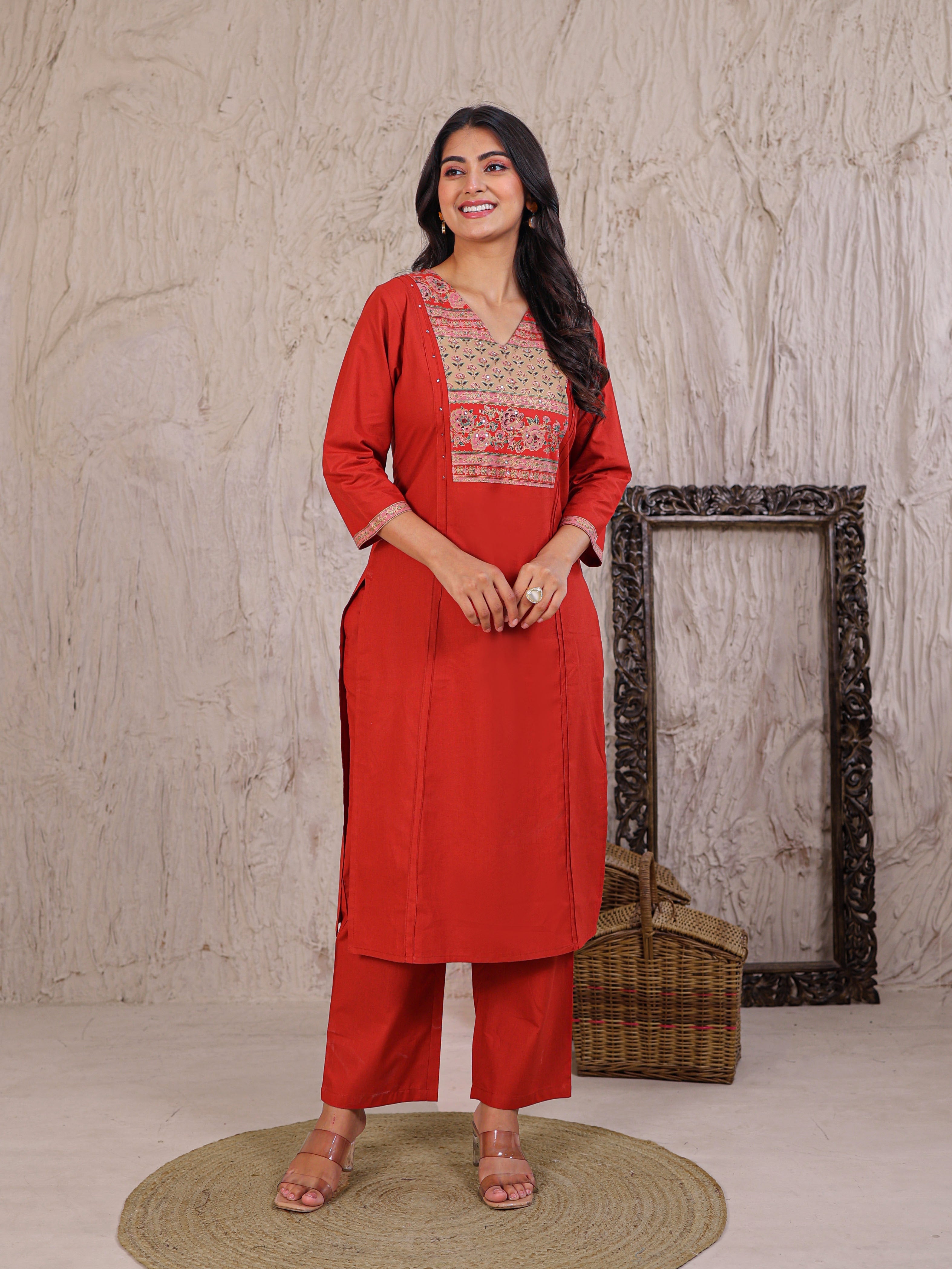 Printed Cotton Kurta Set Stitched with Thread work