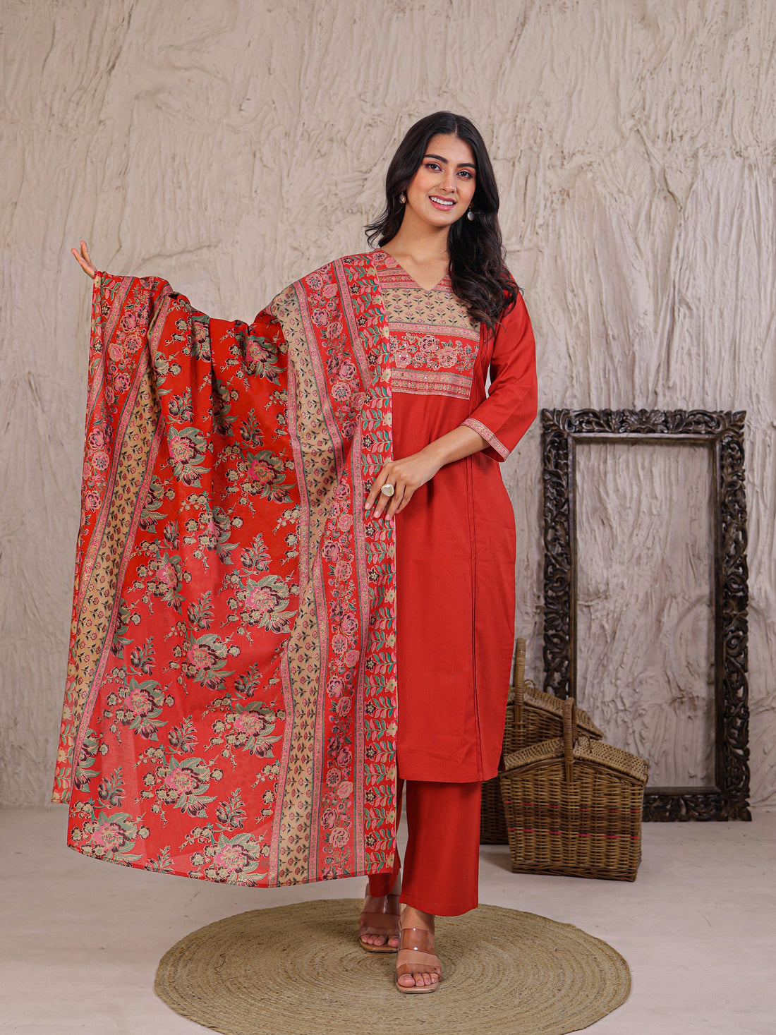 Printed Cotton Kurta Set Stitched with Thread work