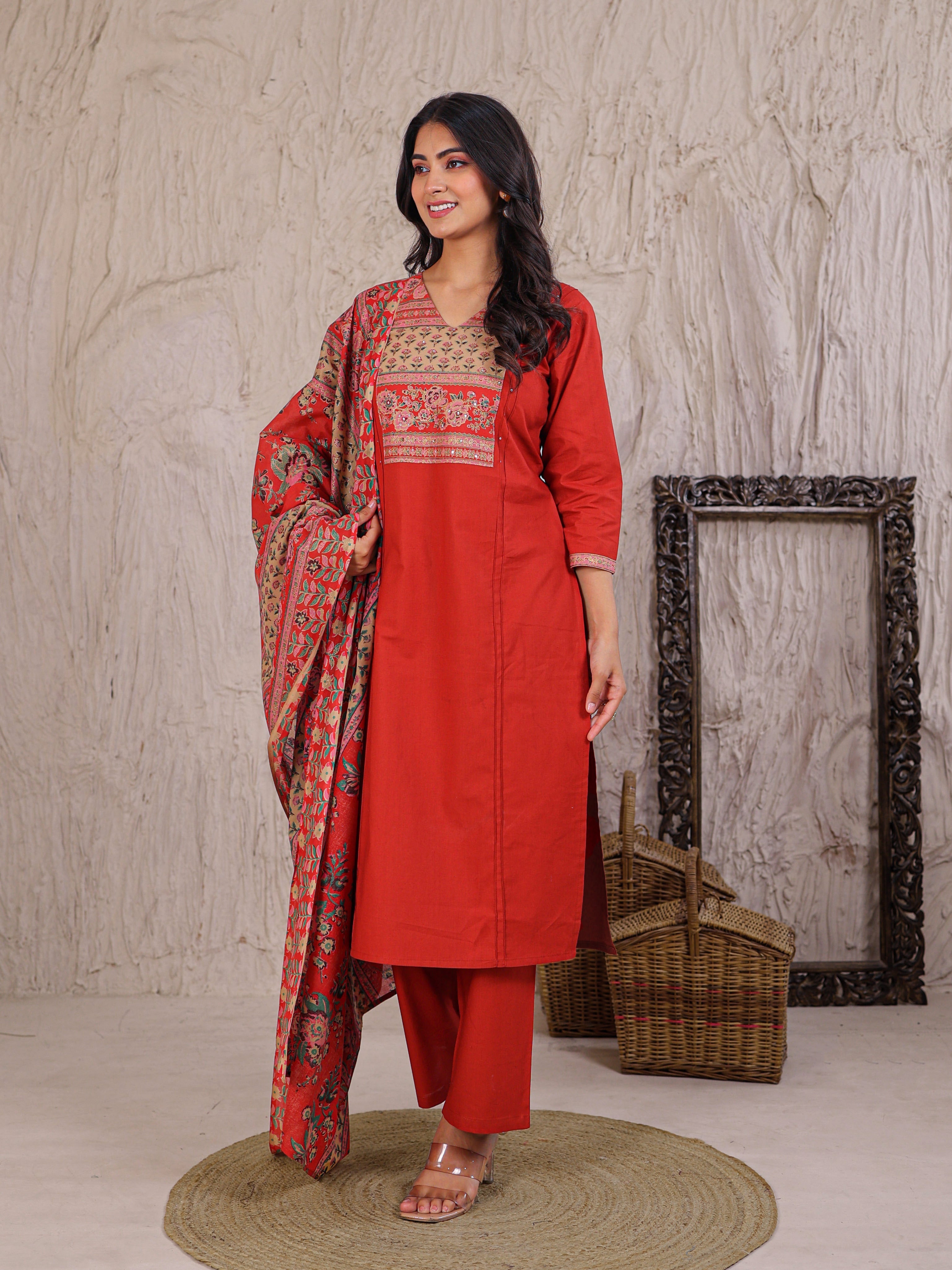 Printed Cotton Kurta Set Stitched with Thread work