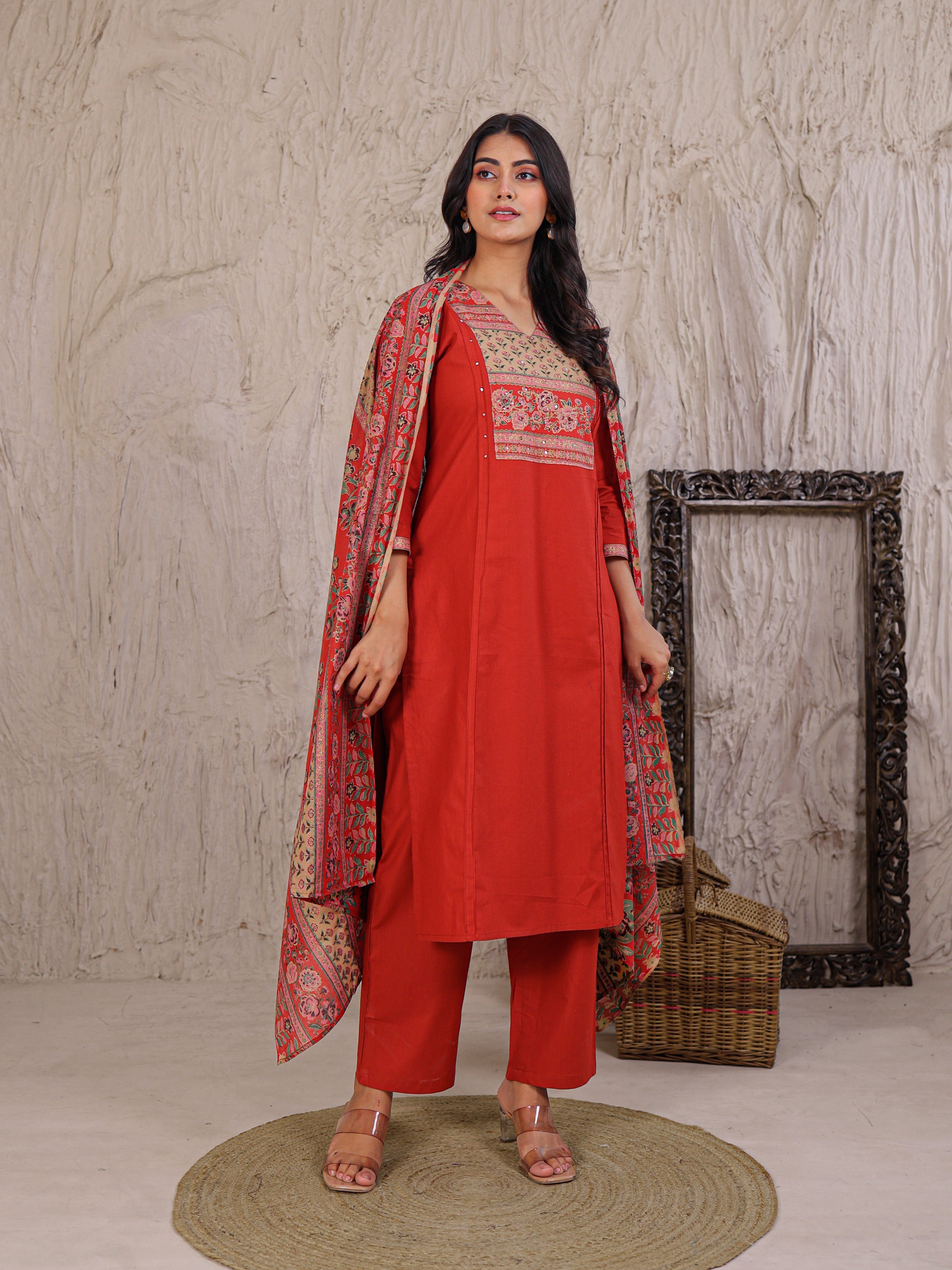 Printed Cotton Kurta Set Stitched with Thread work