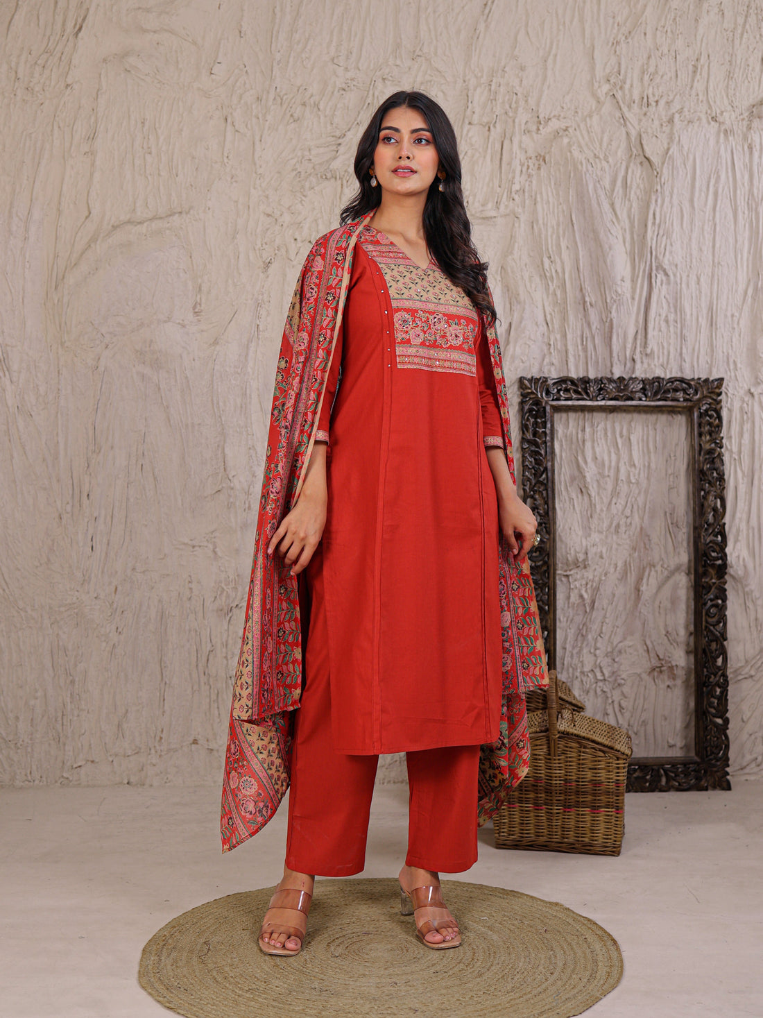 Printed Cotton Kurta Set Stitched with Thread work