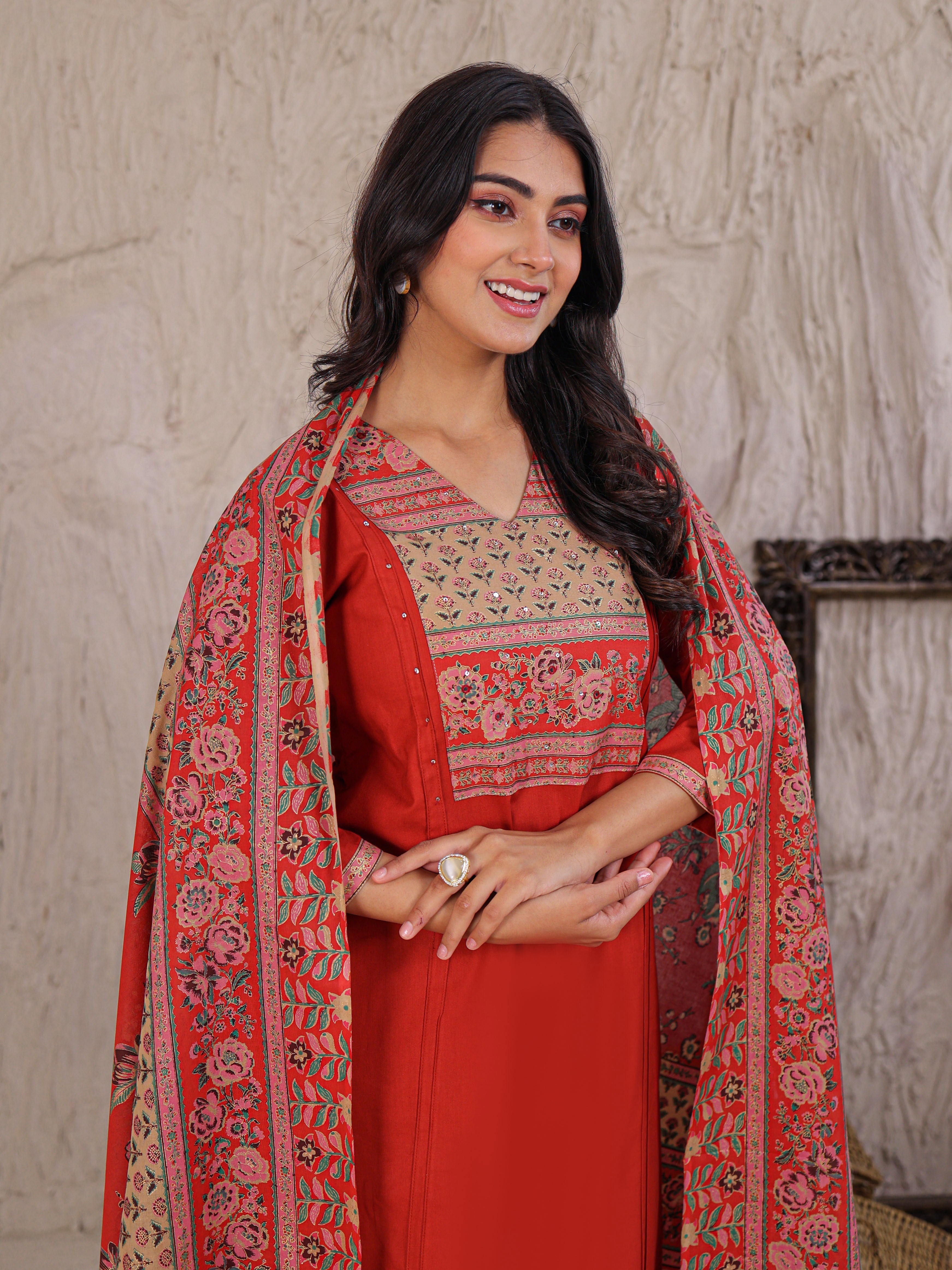 Printed Cotton Kurta Set Stitched with Thread work