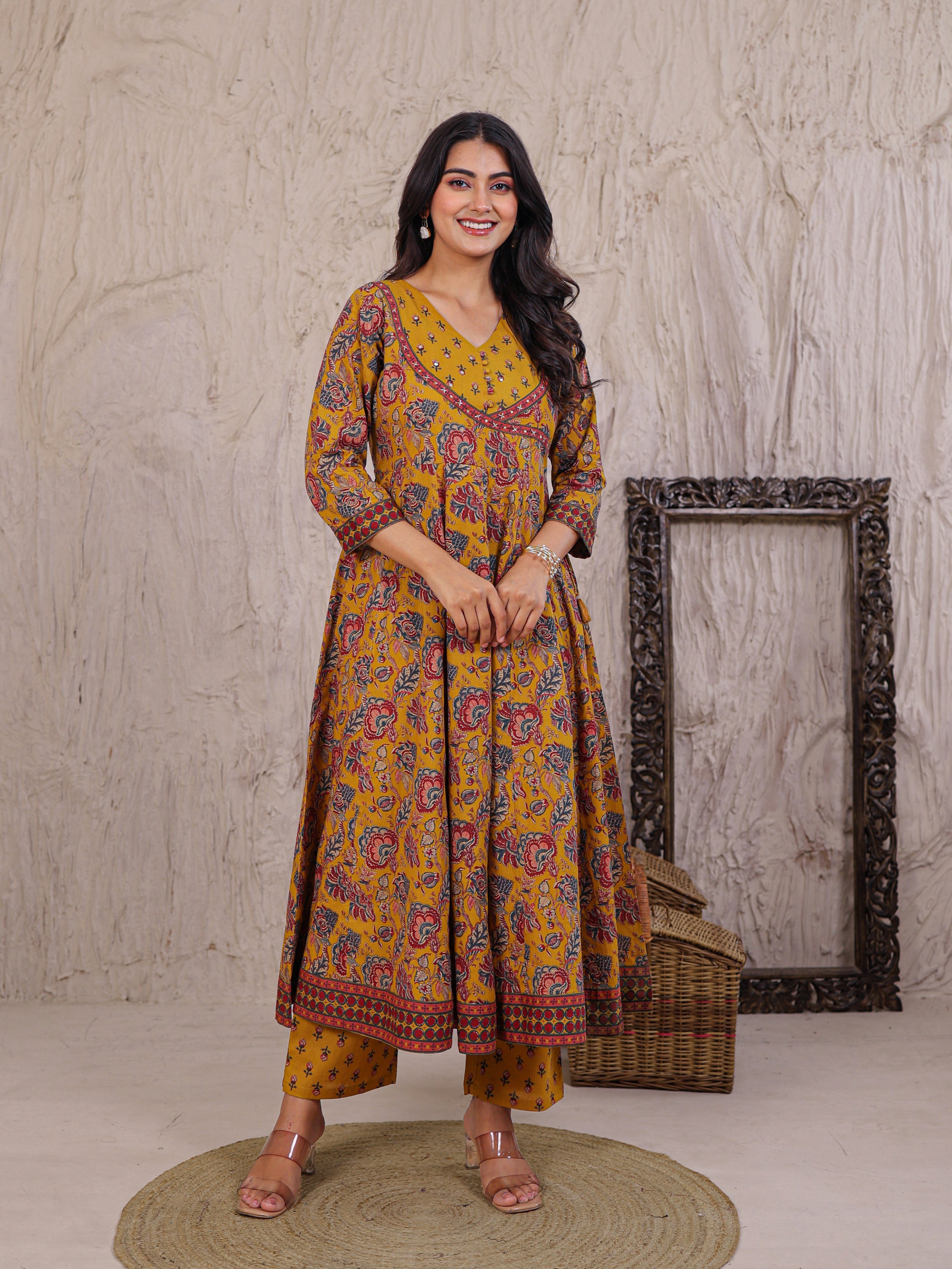 Anarkali Printed Cotton Kurta Set with Thread work